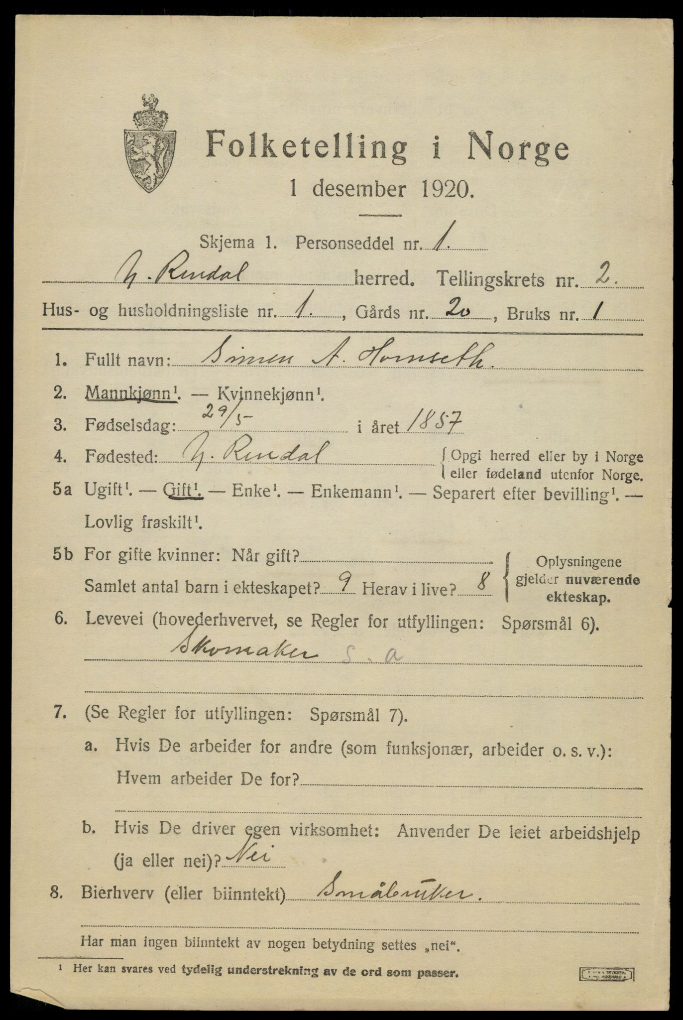 SAH, 1920 census for Ytre Rendal, 1920, p. 1067