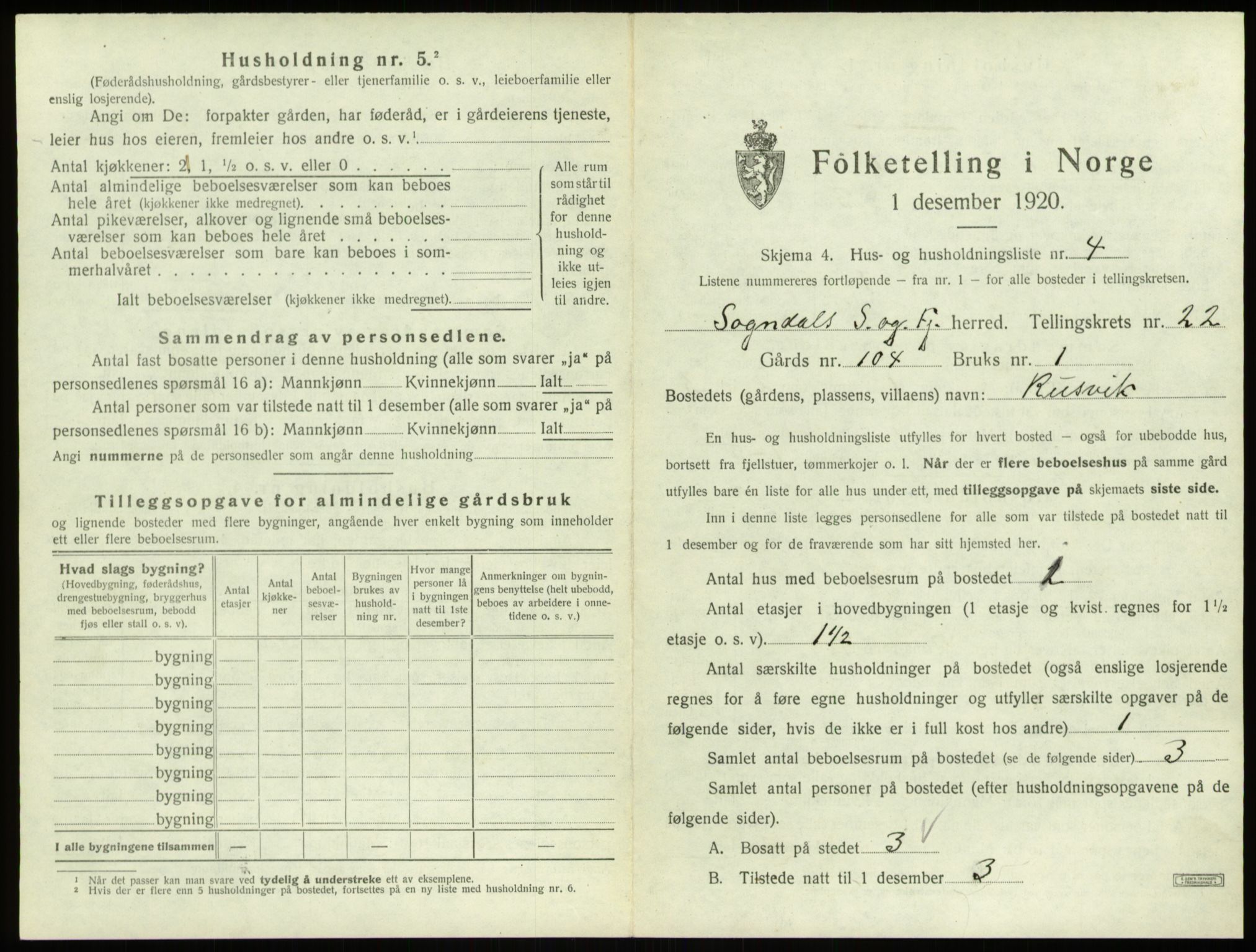 SAB, 1920 census for Sogndal, 1920, p. 1188