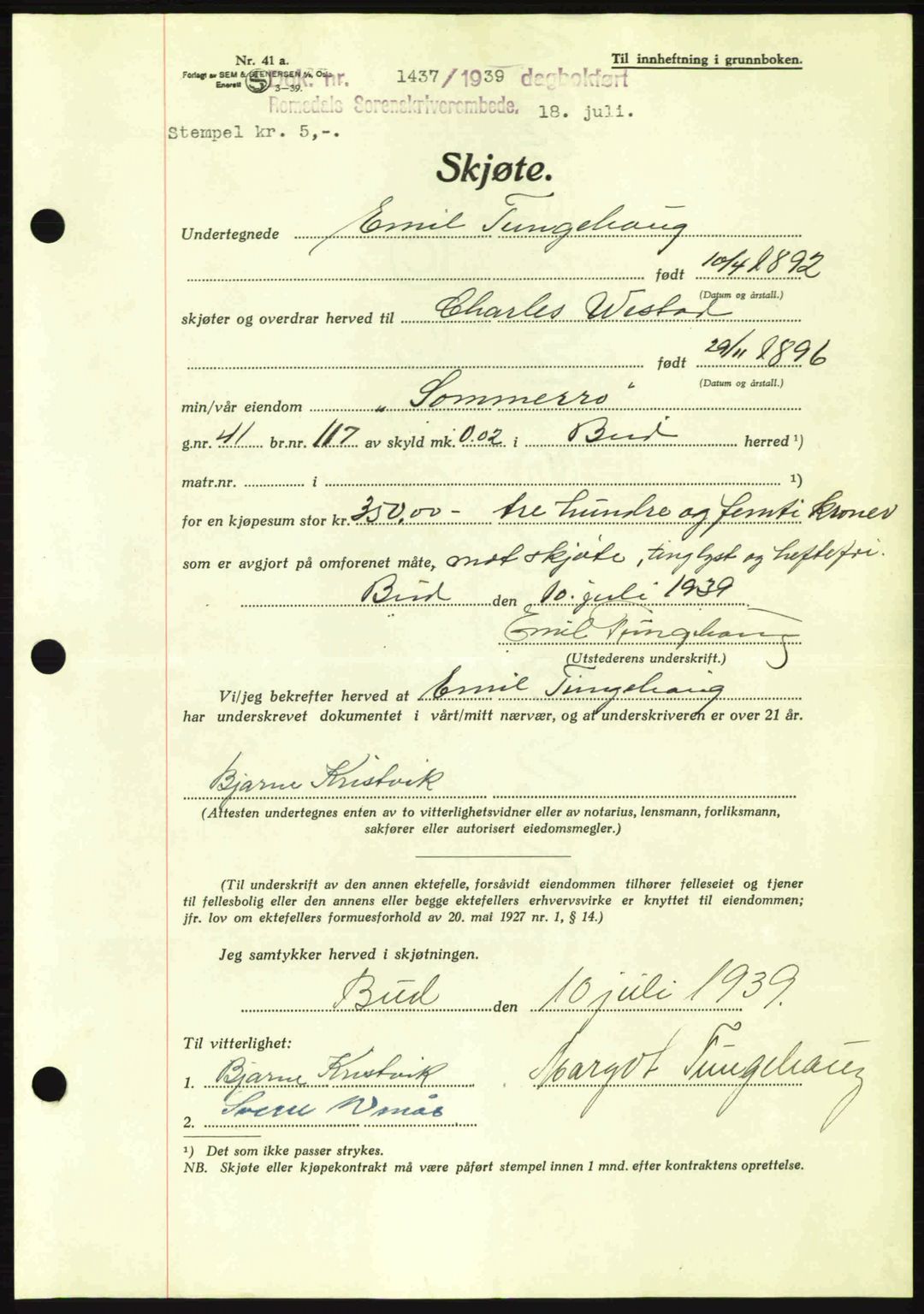 Romsdal sorenskriveri, AV/SAT-A-4149/1/2/2C: Mortgage book no. A7, 1939-1939, Diary no: : 1437/1939