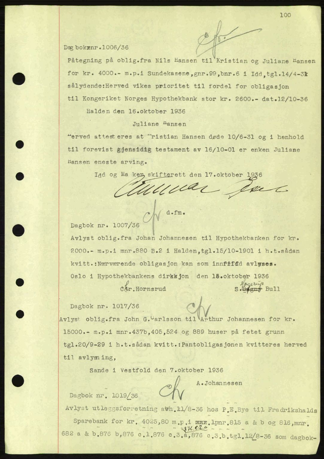 Idd og Marker sorenskriveri, AV/SAO-A-10283/G/Gb/Gbc/L0001: Mortgage book no. B1-3, 1936-1939, Diary no: : 1006/1936