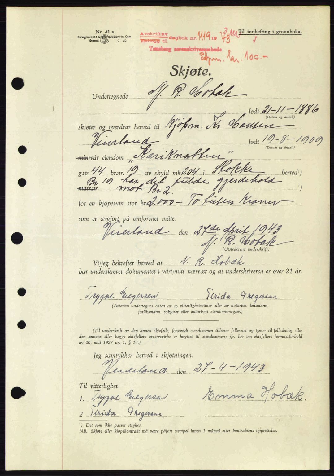 Tønsberg sorenskriveri, AV/SAKO-A-130/G/Ga/Gad/L0001: Mortgage book no. A1a, 1928-1945, Diary no: : 1119/1943