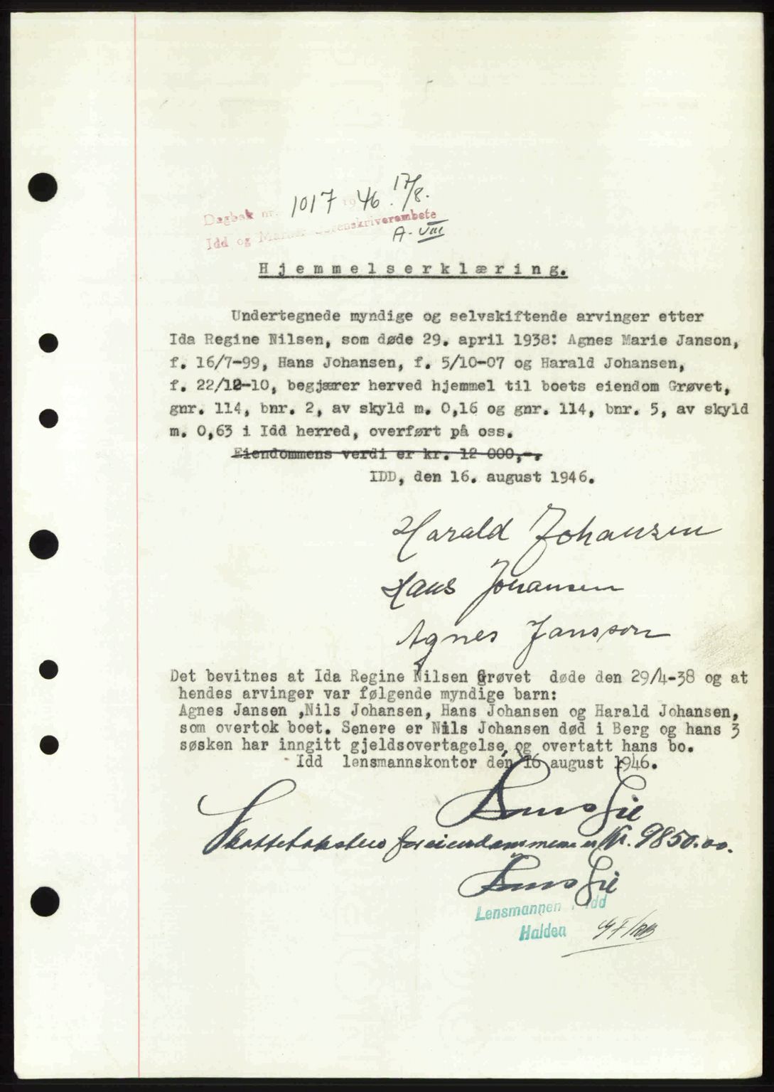 Idd og Marker sorenskriveri, AV/SAO-A-10283/G/Gb/Gbb/L0008: Mortgage book no. A8, 1946-1946, Diary no: : 1017/1946