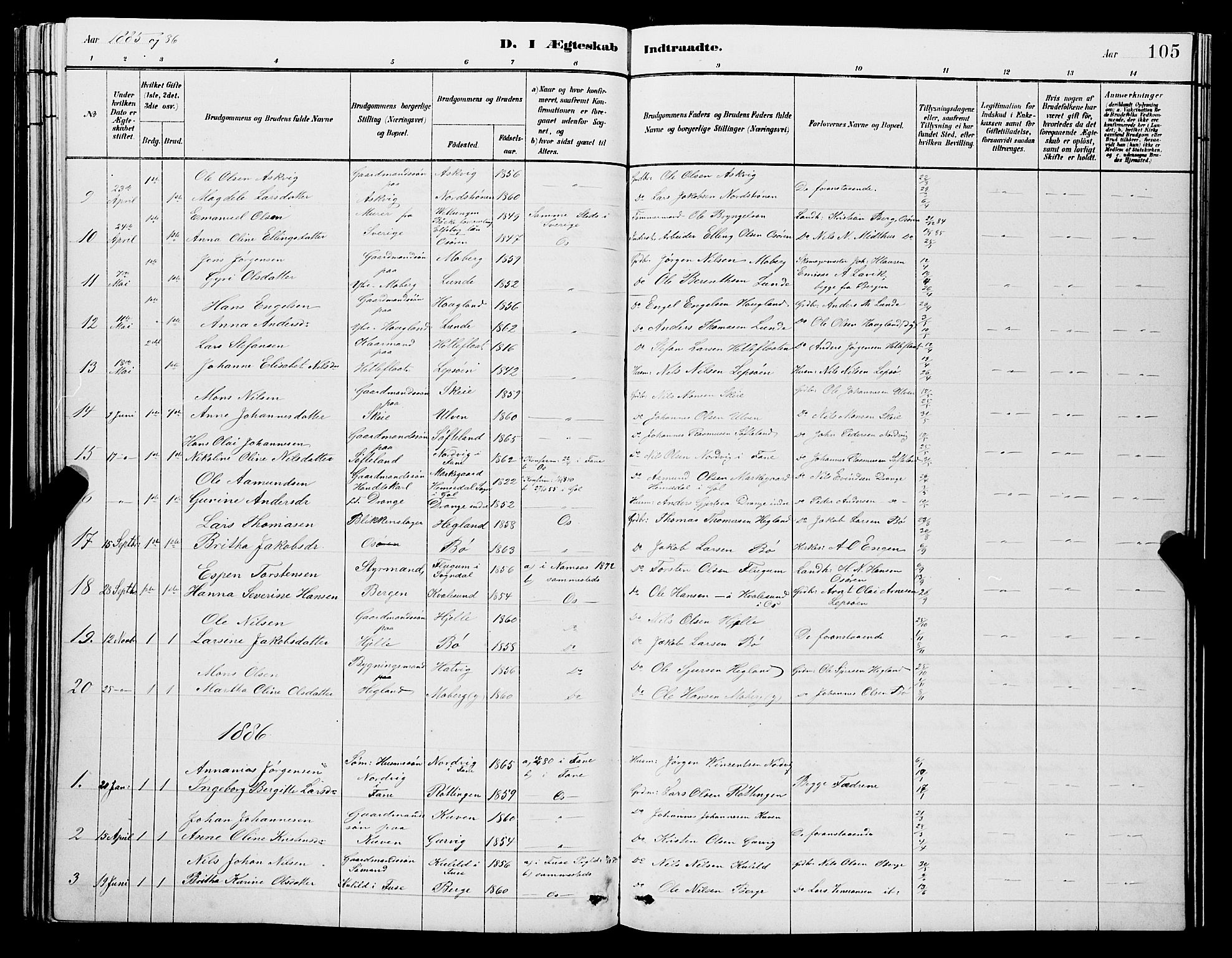 Os sokneprestembete, SAB/A-99929: Parish register (copy) no. A 2, 1880-1896, p. 105