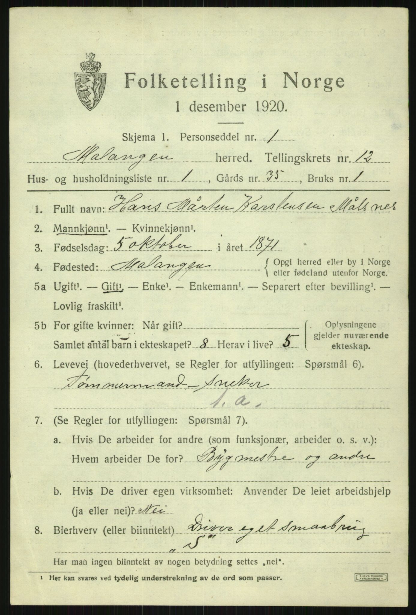 SATØ, 1920 census for Malangen, 1920, p. 4291