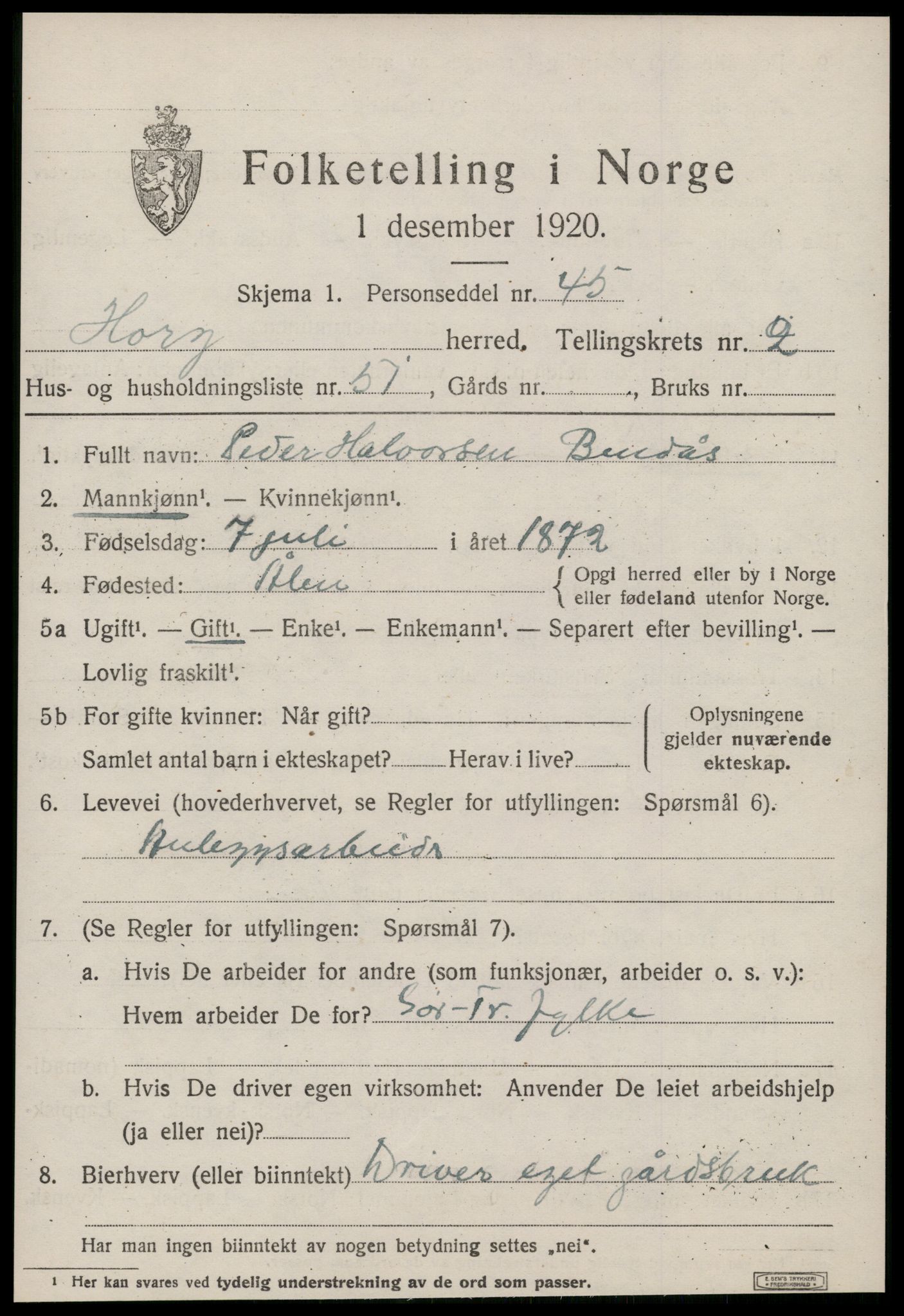 SAT, 1920 census for Horg, 1920, p. 2308