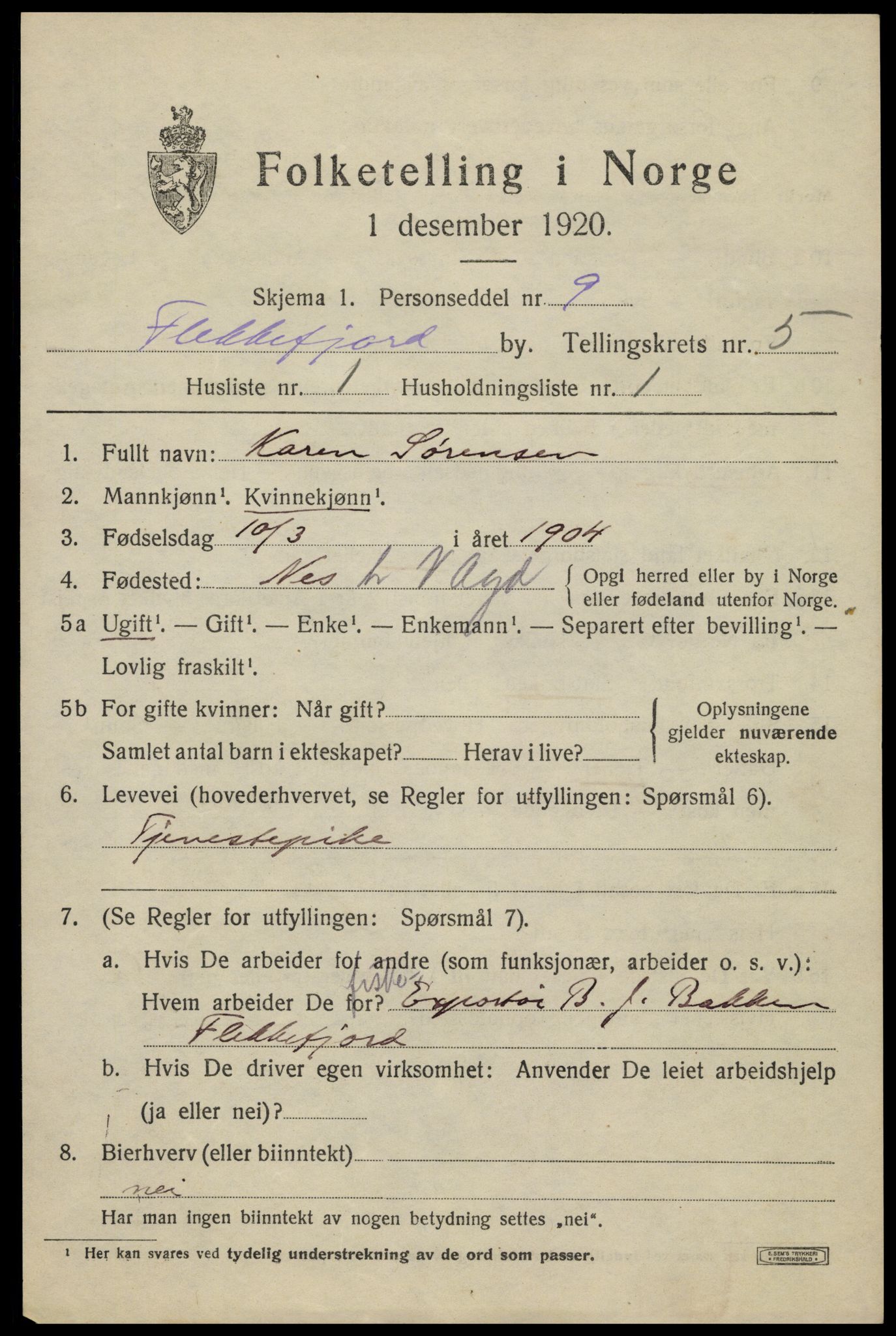 SAK, 1920 census for Flekkefjord, 1920, p. 5152