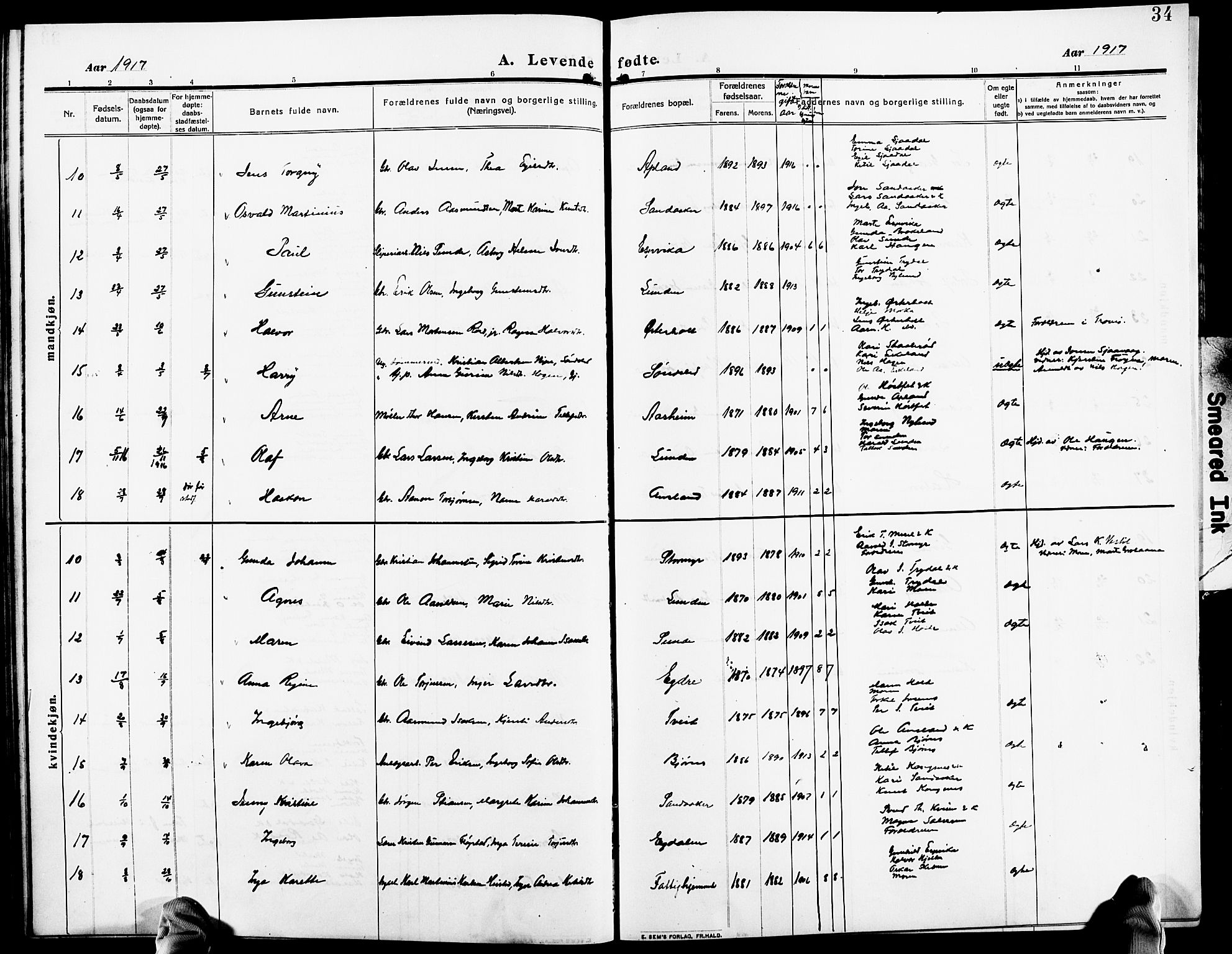 Gjerstad sokneprestkontor, AV/SAK-1111-0014/F/Fb/Fba/L0008: Parish register (copy) no. B 8, 1909-1925, p. 34