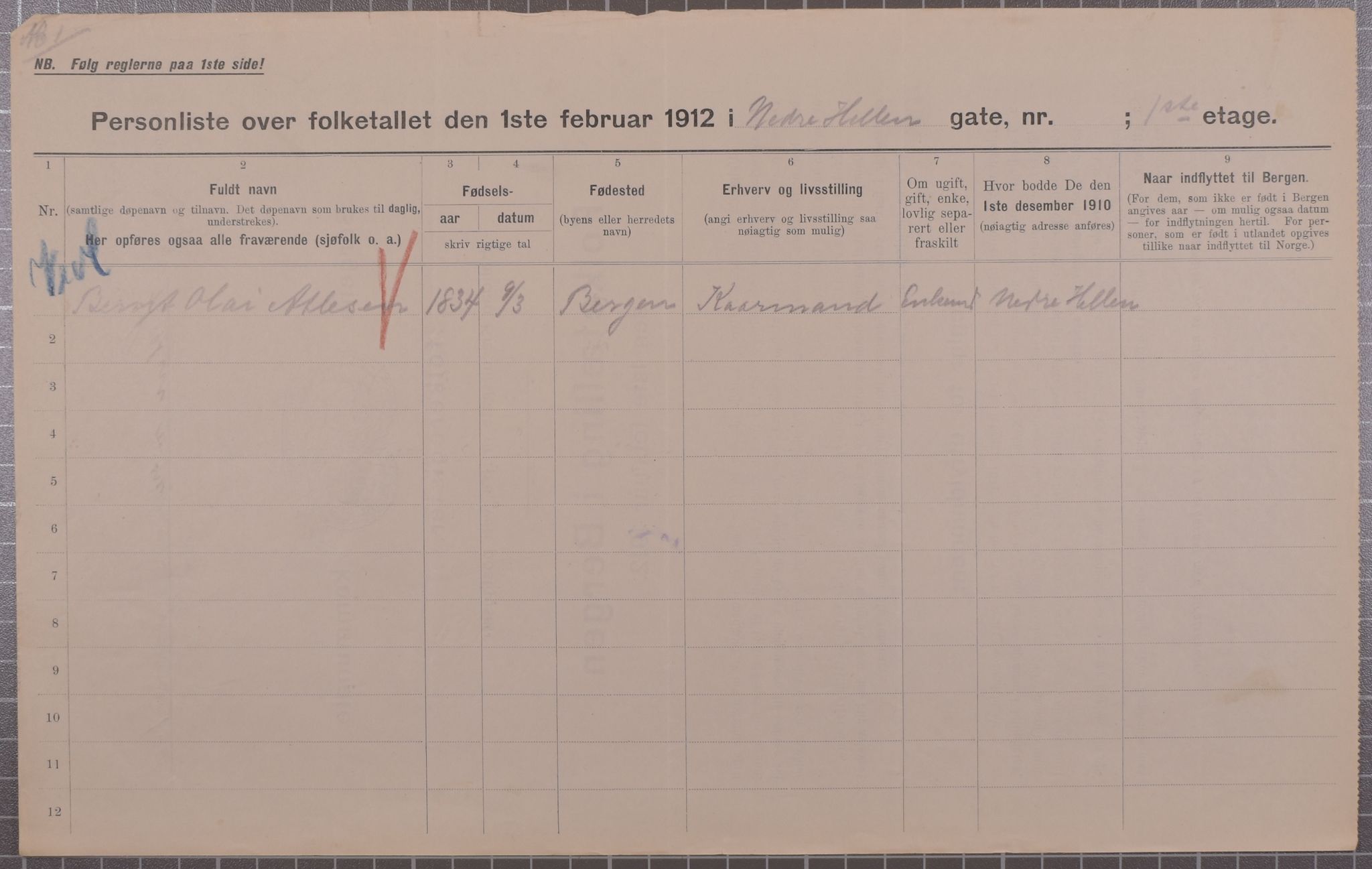 SAB, Municipal Census 1912 for Bergen, 1912, p. 2187