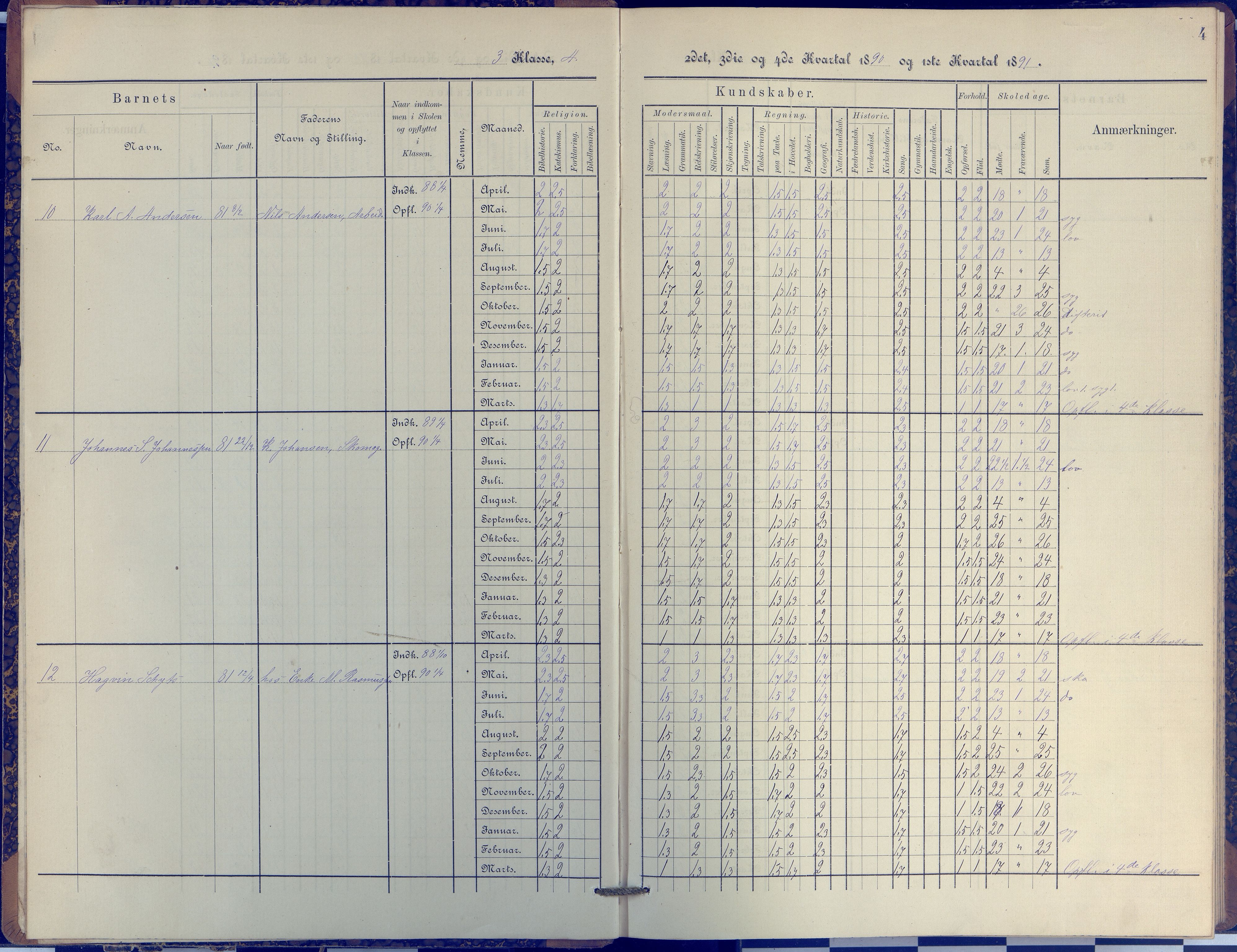 Arendal kommune, Katalog I, AAKS/KA0906-PK-I/07/L0038: Protokoll for 3. klasse, 1890-1897, p. 4