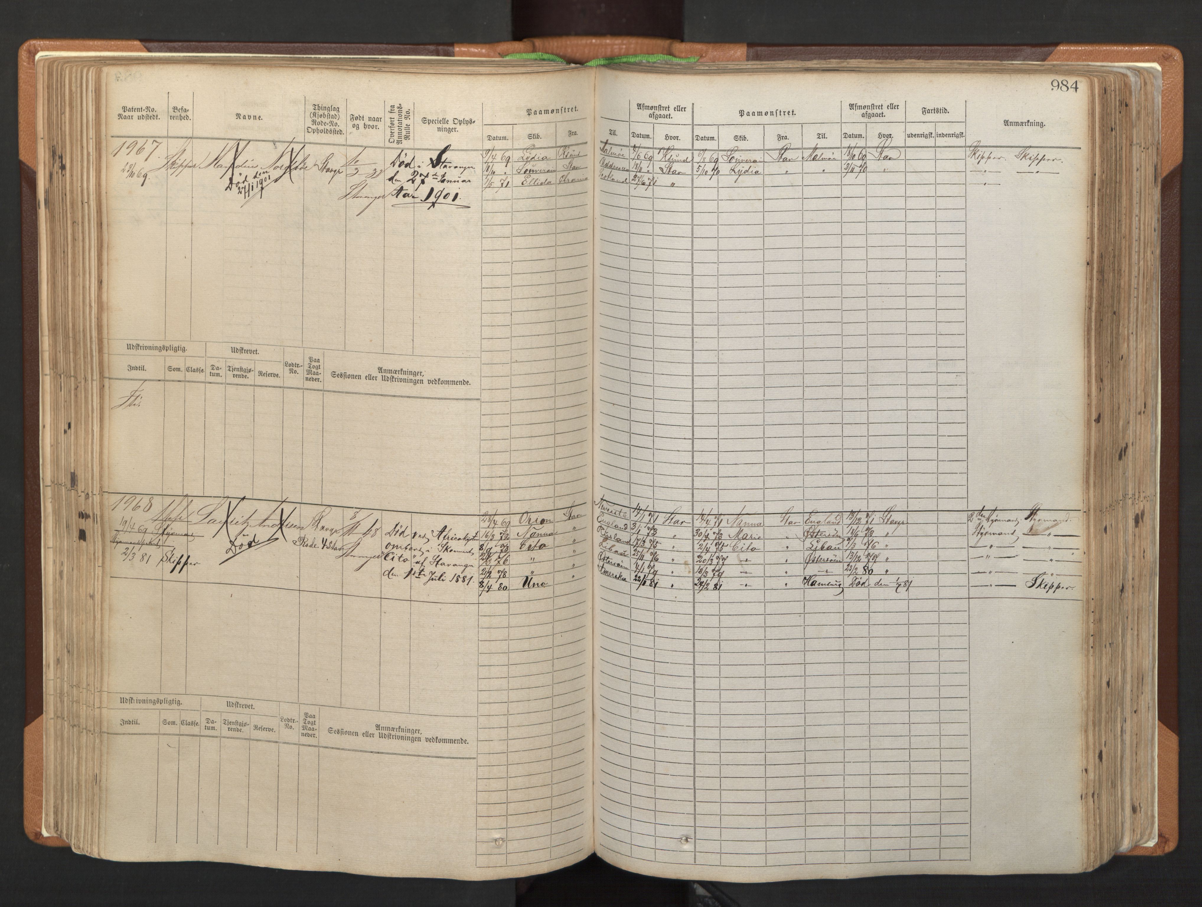 Stavanger sjømannskontor, AV/SAST-A-102006/F/Fb/Fbb/L0006: Sjøfartshovedrulle, patentnr. 1607-2402 (del 3), 1869-1880, p. 184