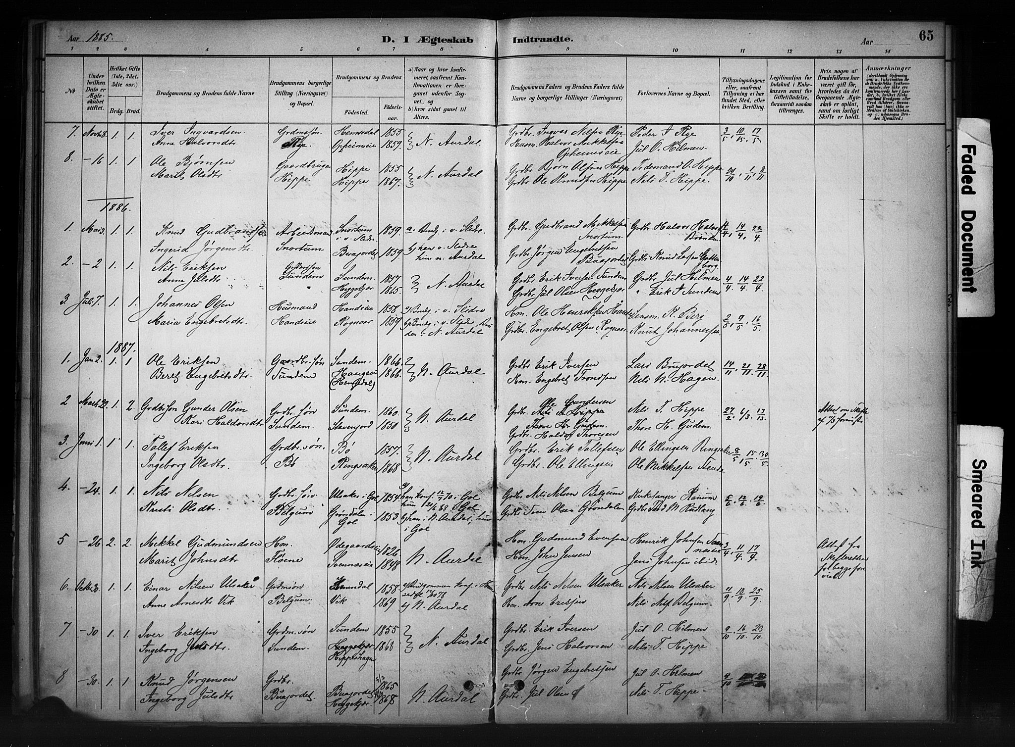 Nord-Aurdal prestekontor, SAH/PREST-132/H/Ha/Haa/L0011: Parish register (official) no. 11, 1883-1896, p. 65