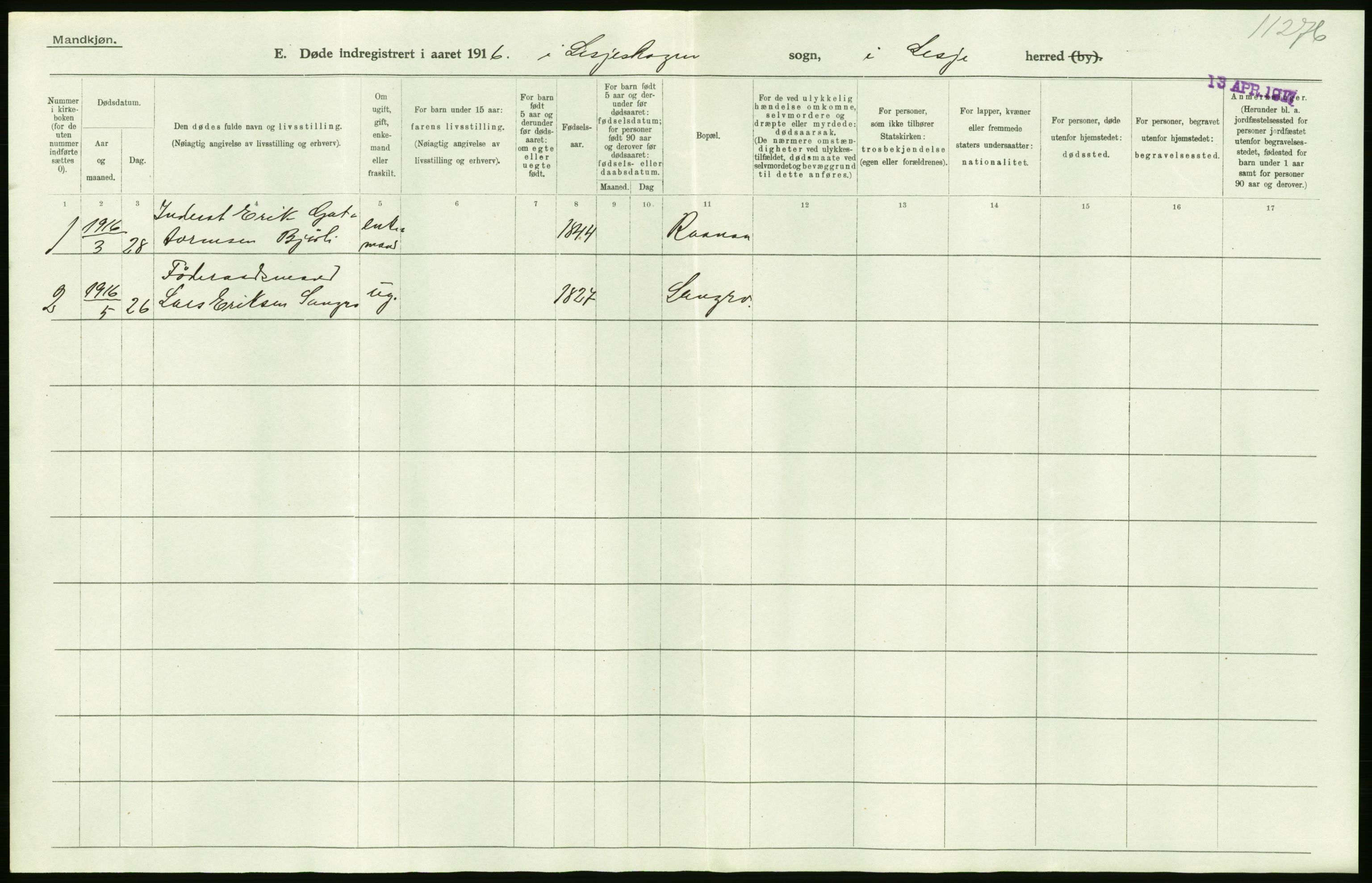 Statistisk sentralbyrå, Sosiodemografiske emner, Befolkning, AV/RA-S-2228/D/Df/Dfb/Dfbf/L0016: Kristians amt: Døde. Bygder og byer., 1916, p. 10