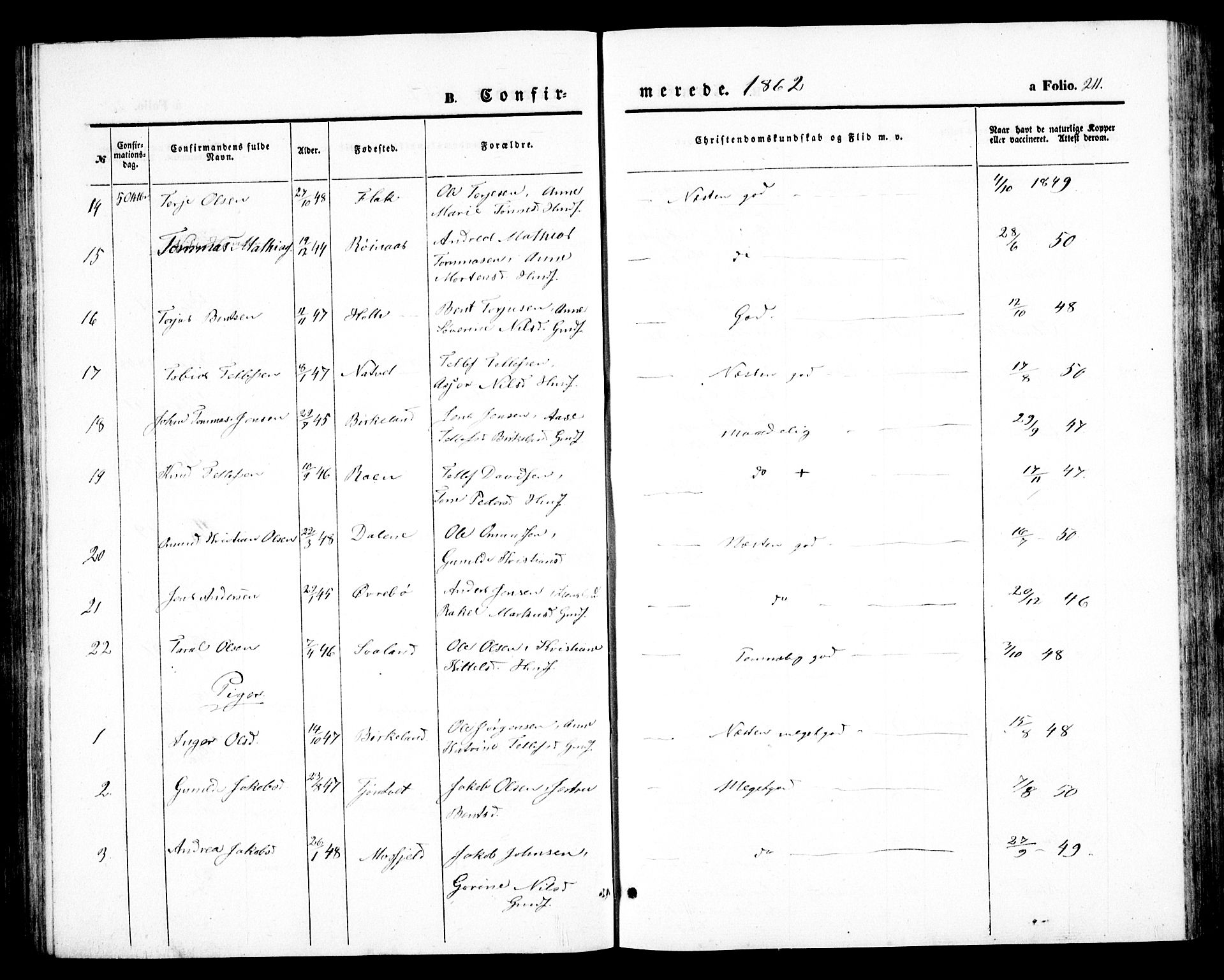 Birkenes sokneprestkontor, AV/SAK-1111-0004/F/Fb/L0002: Parish register (copy) no. B 2, 1849-1876, p. 211