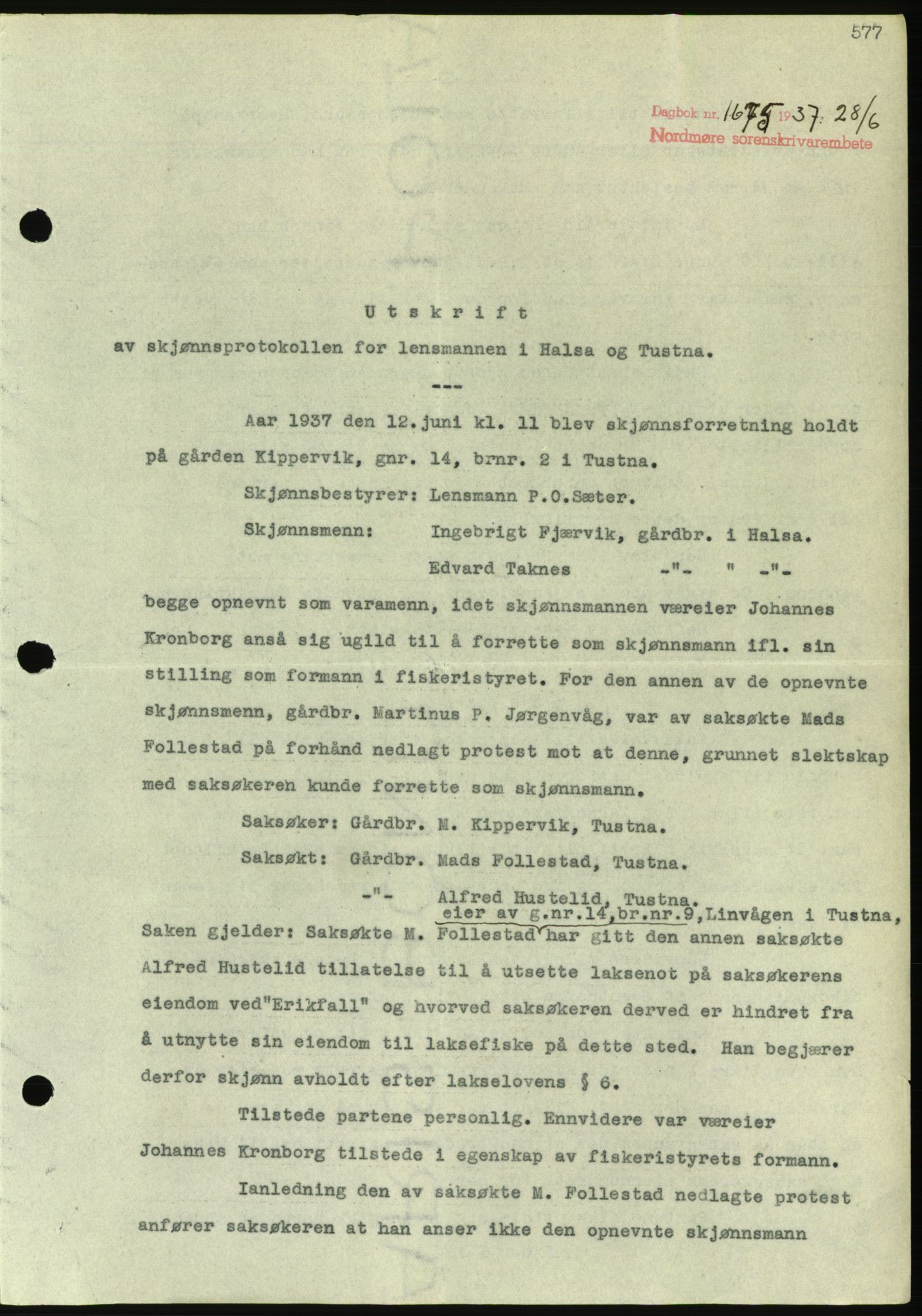 Nordmøre sorenskriveri, AV/SAT-A-4132/1/2/2Ca/L0091: Mortgage book no. B81, 1937-1937, Diary no: : 1675/1937