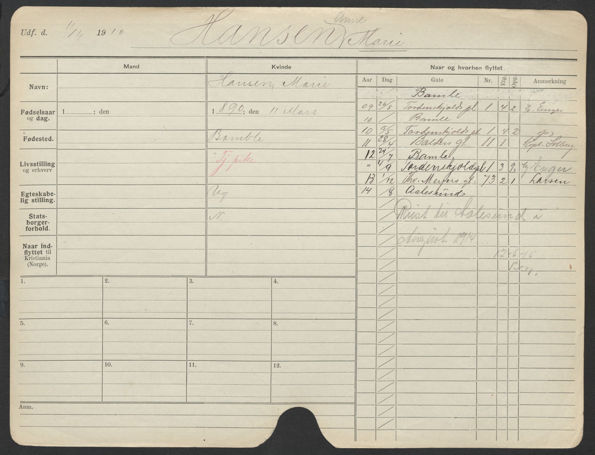 Oslo folkeregister, Registerkort, AV/SAO-A-11715/F/Fa/Fac/L0016: Kvinner, 1906-1914, p. 55b