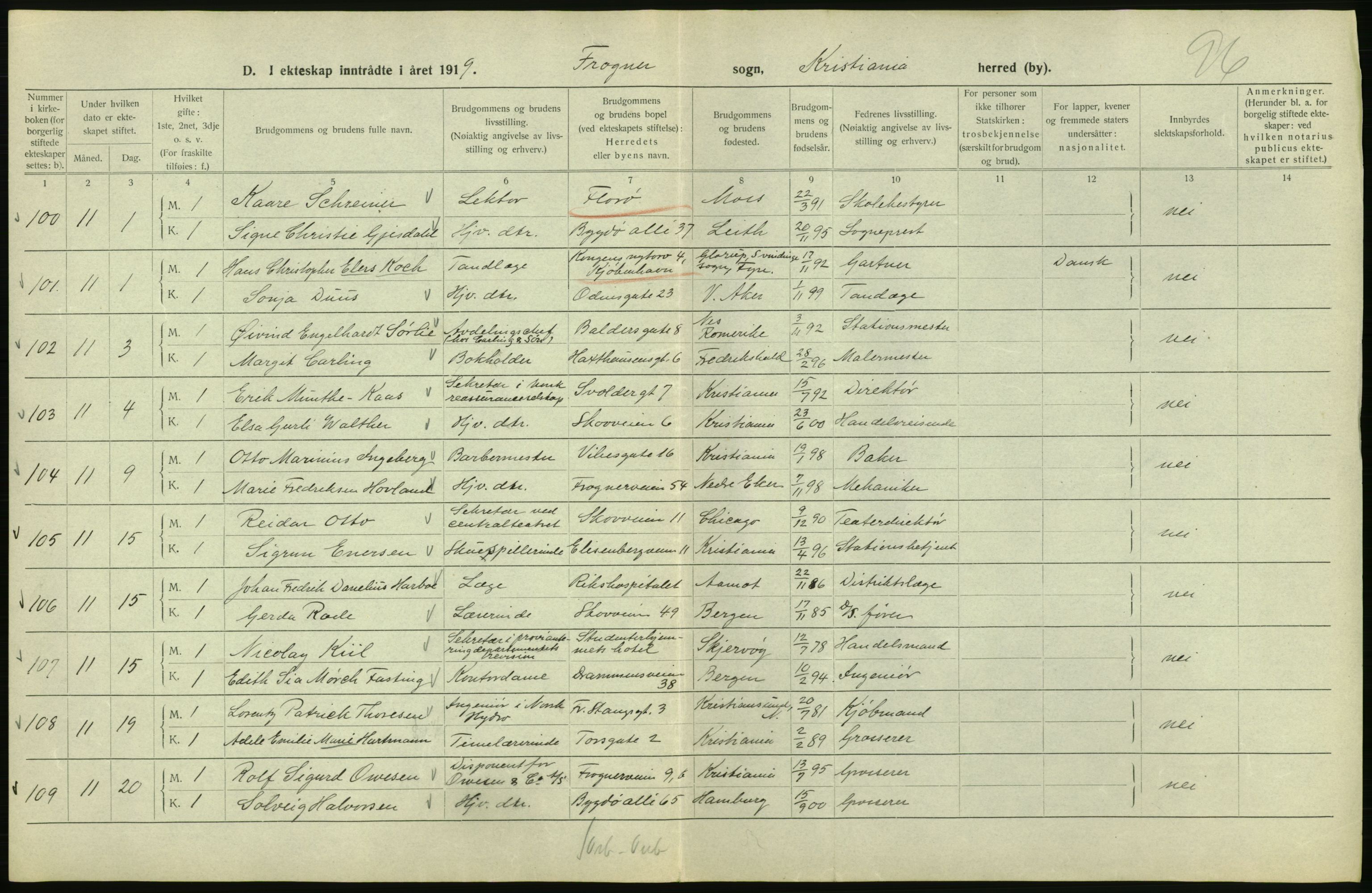 Statistisk sentralbyrå, Sosiodemografiske emner, Befolkning, RA/S-2228/D/Df/Dfb/Dfbi/L0009: Kristiania: Gifte, 1919, p. 198