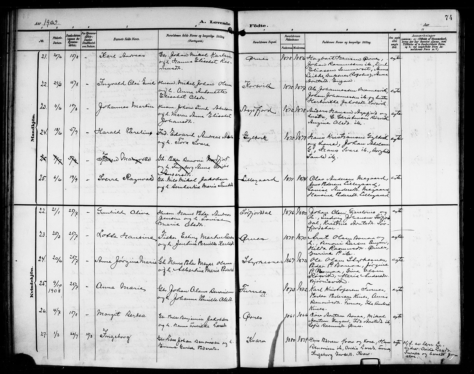 Ministerialprotokoller, klokkerbøker og fødselsregistre - Nordland, AV/SAT-A-1459/854/L0786: Parish register (copy) no. 854C02, 1901-1912, p. 74