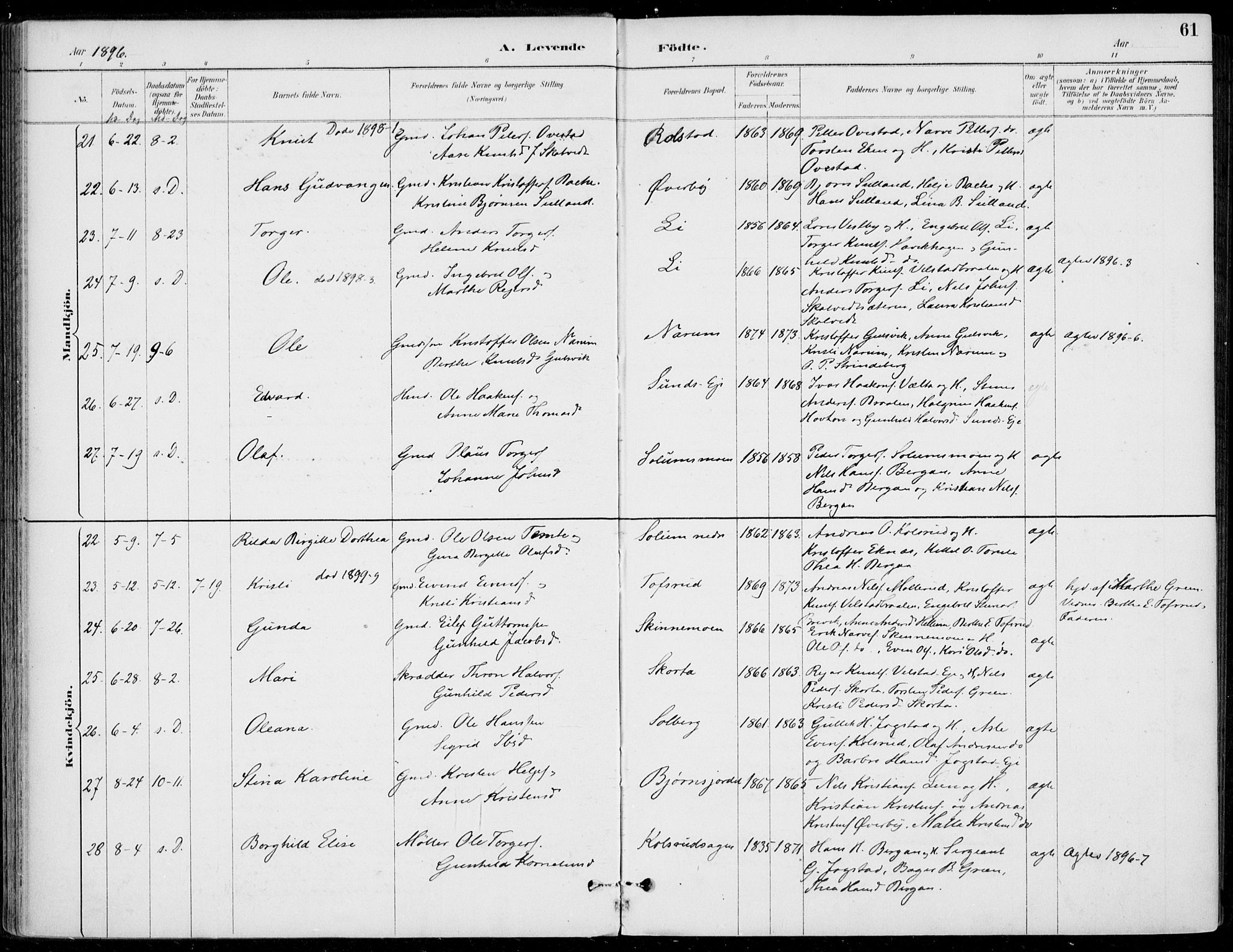 Sigdal kirkebøker, AV/SAKO-A-245/F/Fb/L0001: Parish register (official) no. II 1, 1888-1900, p. 61