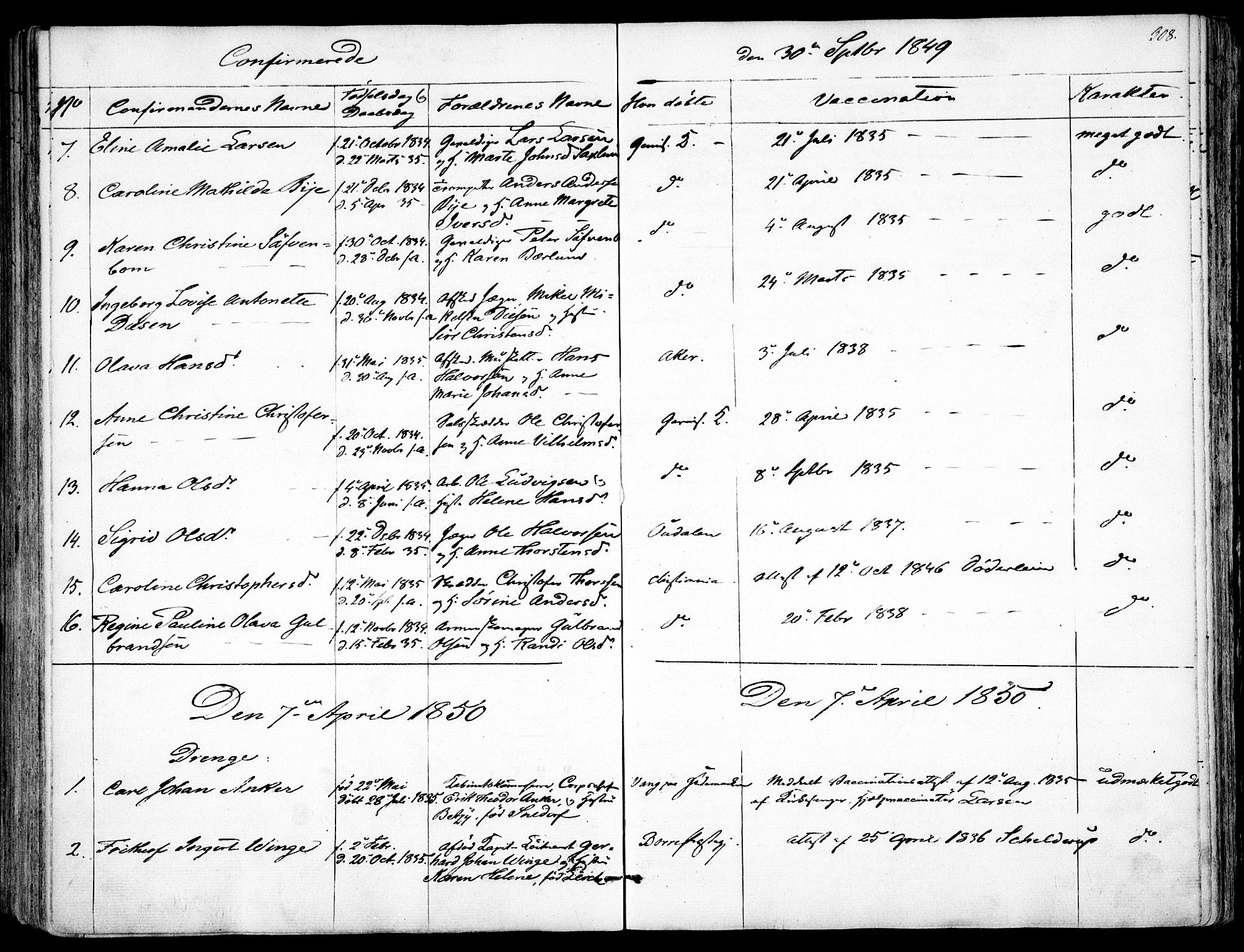 Garnisonsmenigheten Kirkebøker, SAO/A-10846/F/Fa/L0008: Parish register (official) no. 8, 1842-1859, p. 308