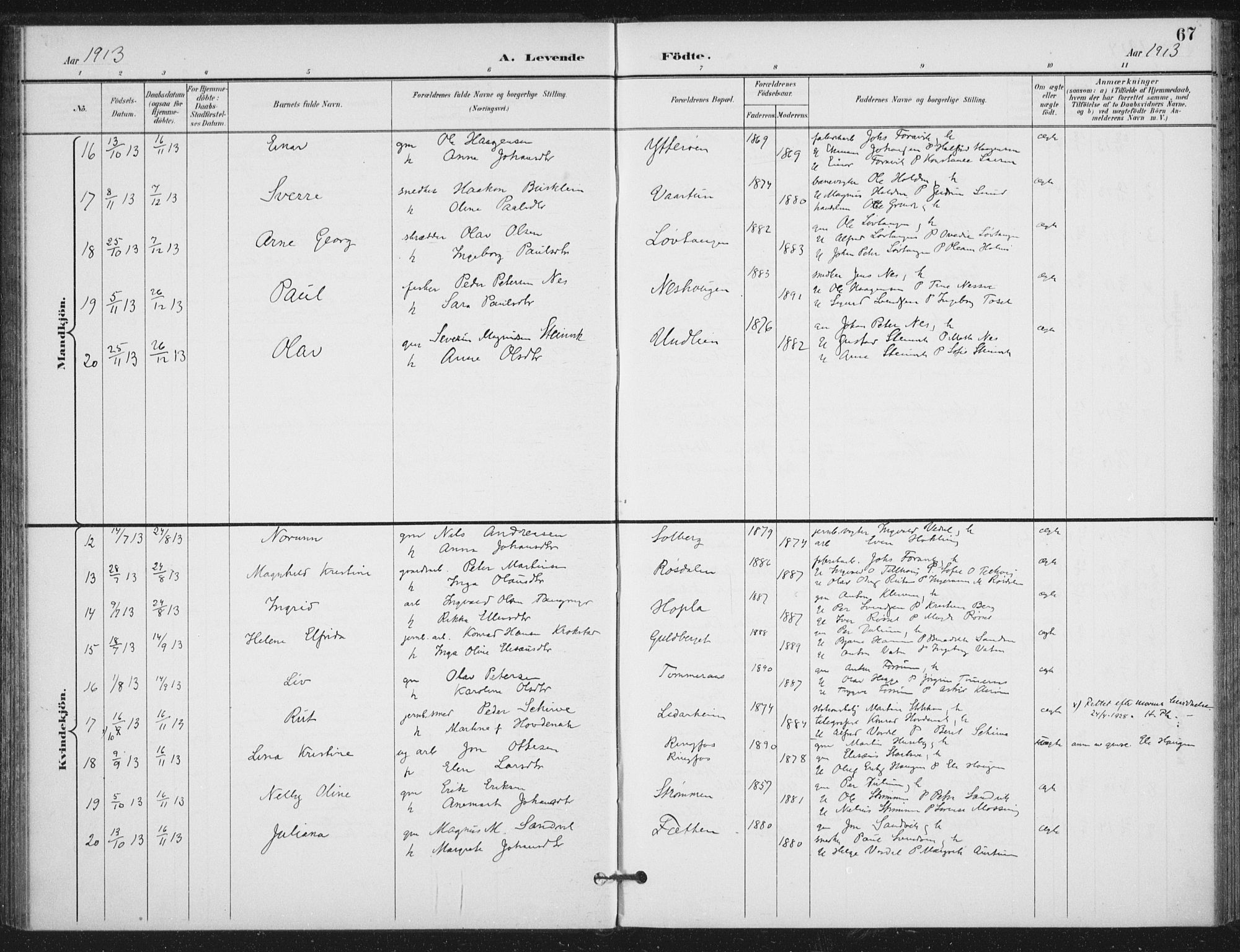 Ministerialprotokoller, klokkerbøker og fødselsregistre - Nord-Trøndelag, AV/SAT-A-1458/714/L0131: Parish register (official) no. 714A02, 1896-1918, p. 67