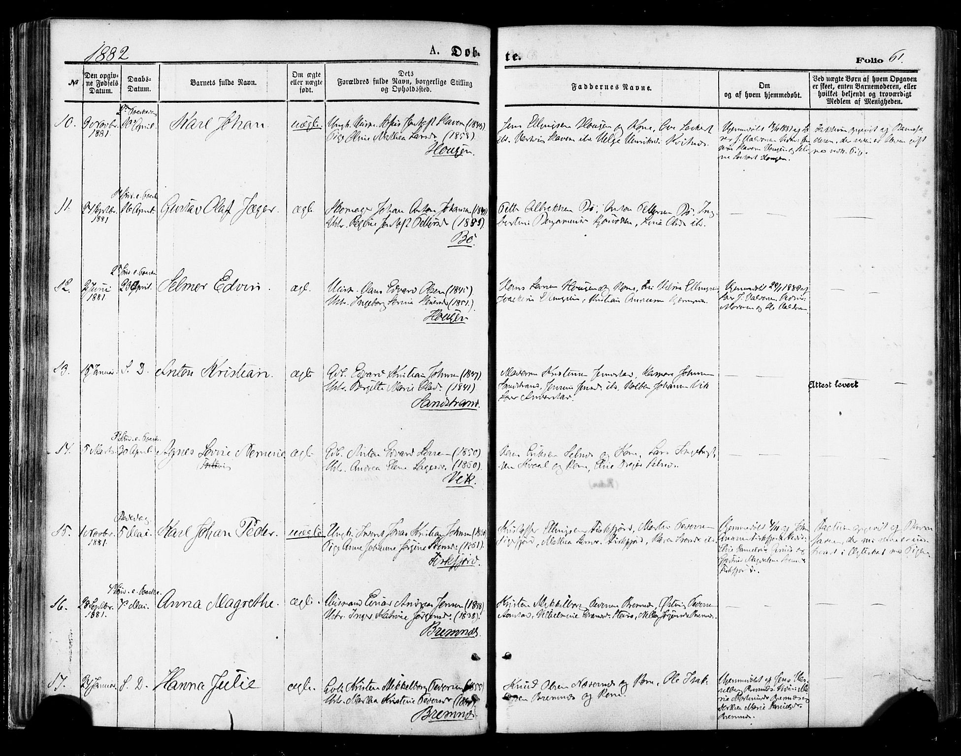 Ministerialprotokoller, klokkerbøker og fødselsregistre - Nordland, AV/SAT-A-1459/895/L1370: Parish register (official) no. 895A05, 1873-1884, p. 61