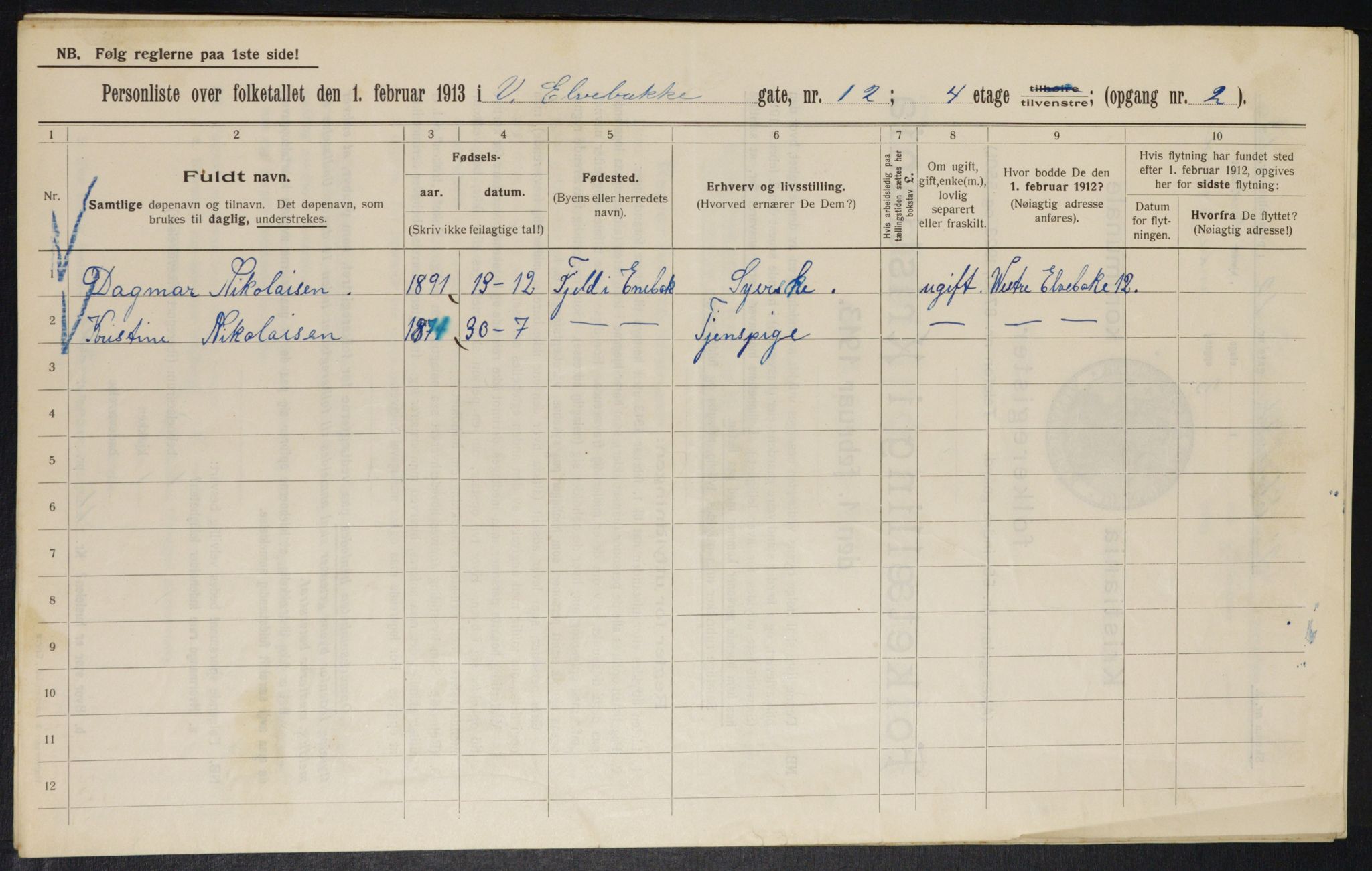 OBA, Municipal Census 1913 for Kristiania, 1913, p. 122364