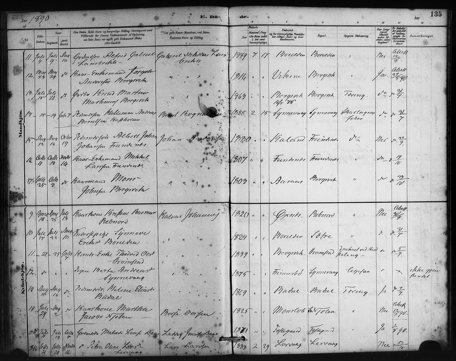 Lindås Sokneprestembete, AV/SAB-A-76701/H/Haa/Haac/L0001: Parish register (official) no. C 1, 1886-1896, p. 135