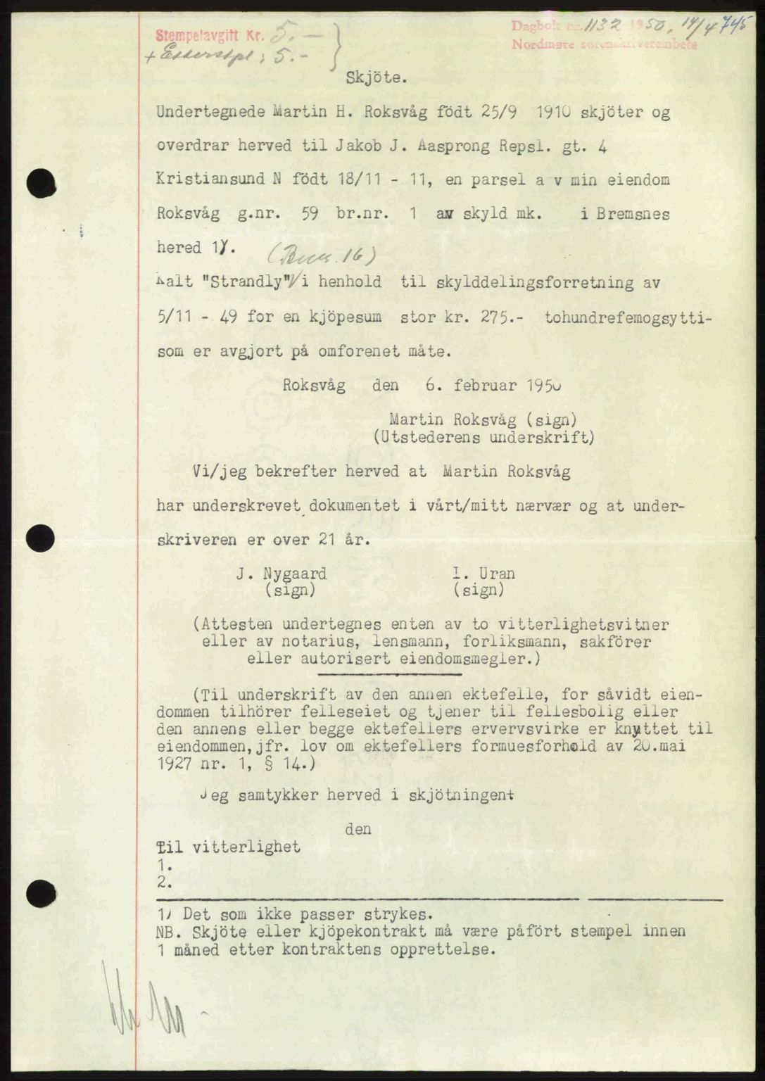 Nordmøre sorenskriveri, AV/SAT-A-4132/1/2/2Ca: Mortgage book no. A114, 1950-1950, Diary no: : 1132/1950