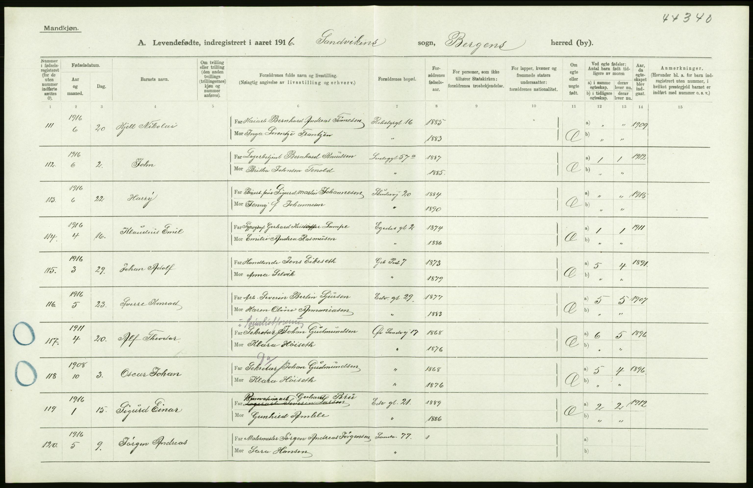 Statistisk sentralbyrå, Sosiodemografiske emner, Befolkning, AV/RA-S-2228/D/Df/Dfb/Dfbf/L0037: Bergen: Levendefødte menn og kvinner., 1916, p. 34