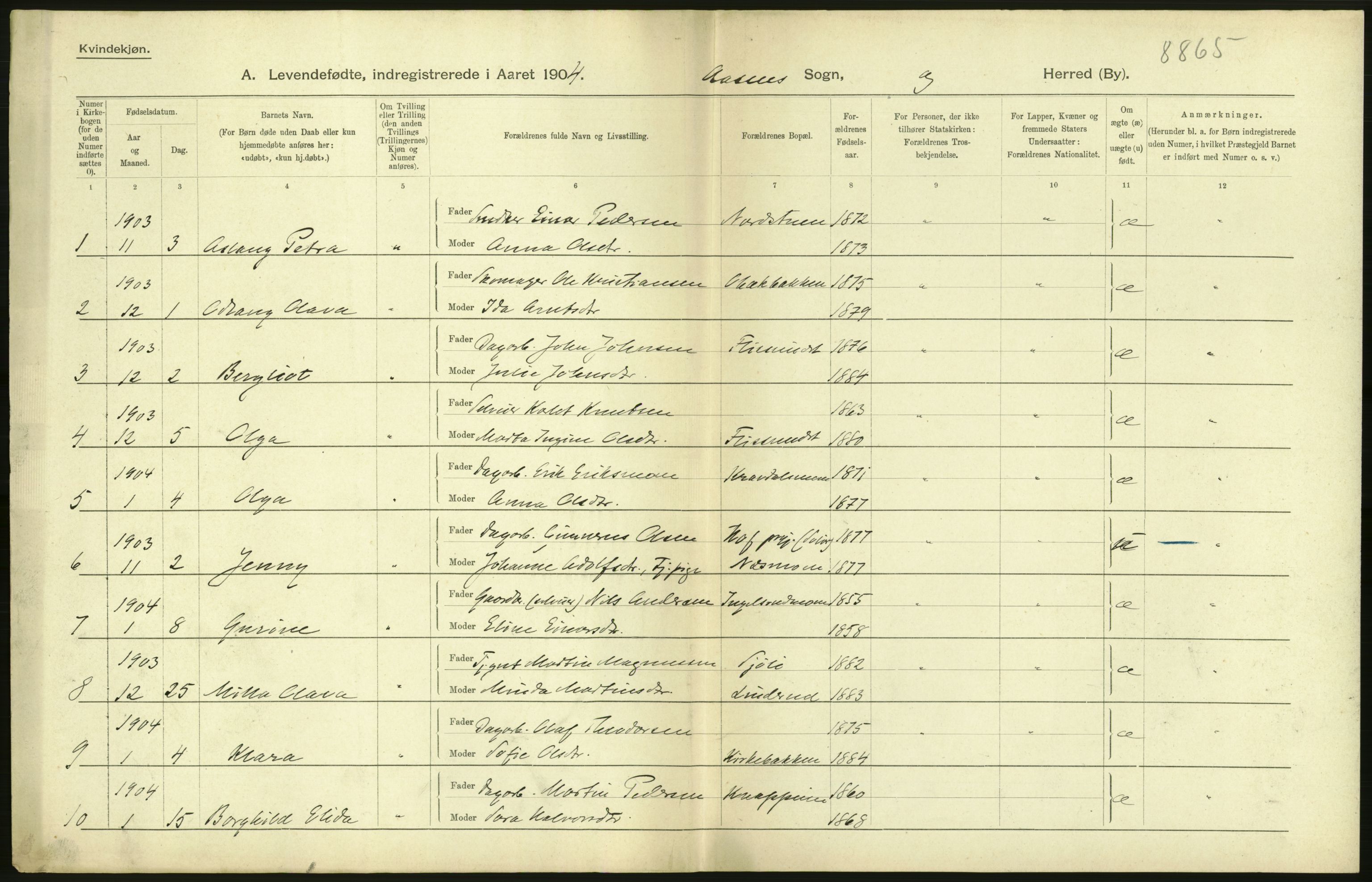 Statistisk sentralbyrå, Sosiodemografiske emner, Befolkning, AV/RA-S-2228/D/Df/Dfa/Dfab/L0005: Hedemarkens amt: Fødte, gifte, døde, 1904, p. 74