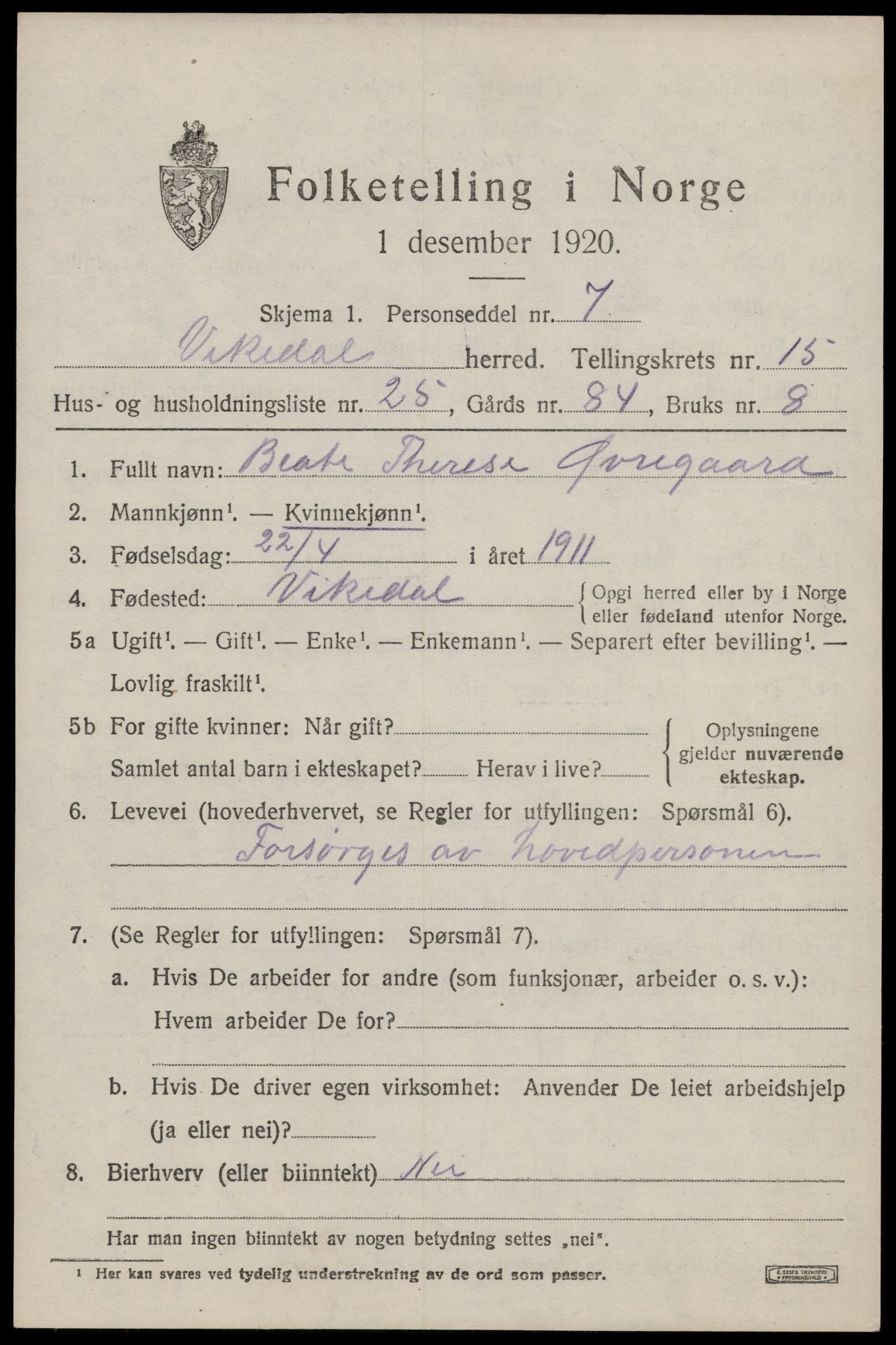 SAST, 1920 census for Vikedal, 1920, p. 4771