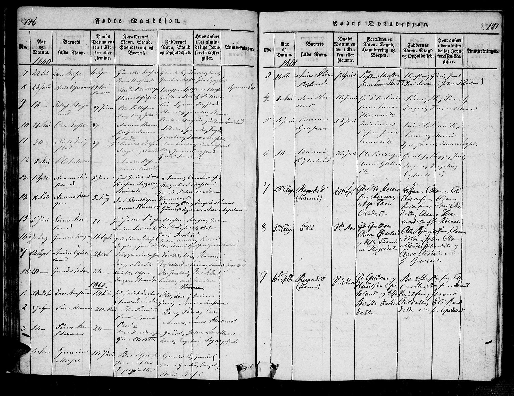 Bjelland sokneprestkontor, SAK/1111-0005/F/Fa/Fab/L0002: Parish register (official) no. A 2, 1816-1869, p. 126-127