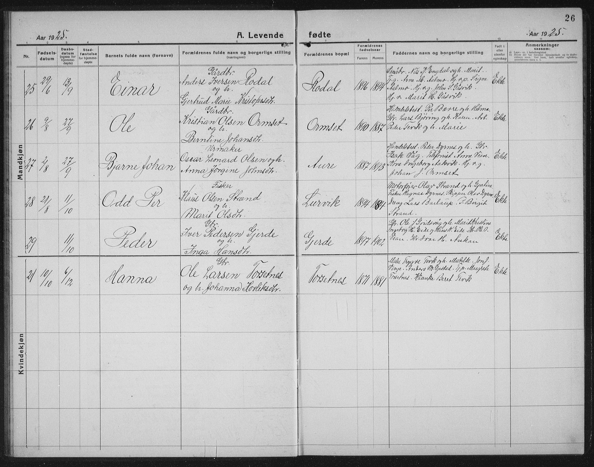 Ministerialprotokoller, klokkerbøker og fødselsregistre - Møre og Romsdal, AV/SAT-A-1454/578/L0911: Parish register (copy) no. 578C04, 1921-1940, p. 26