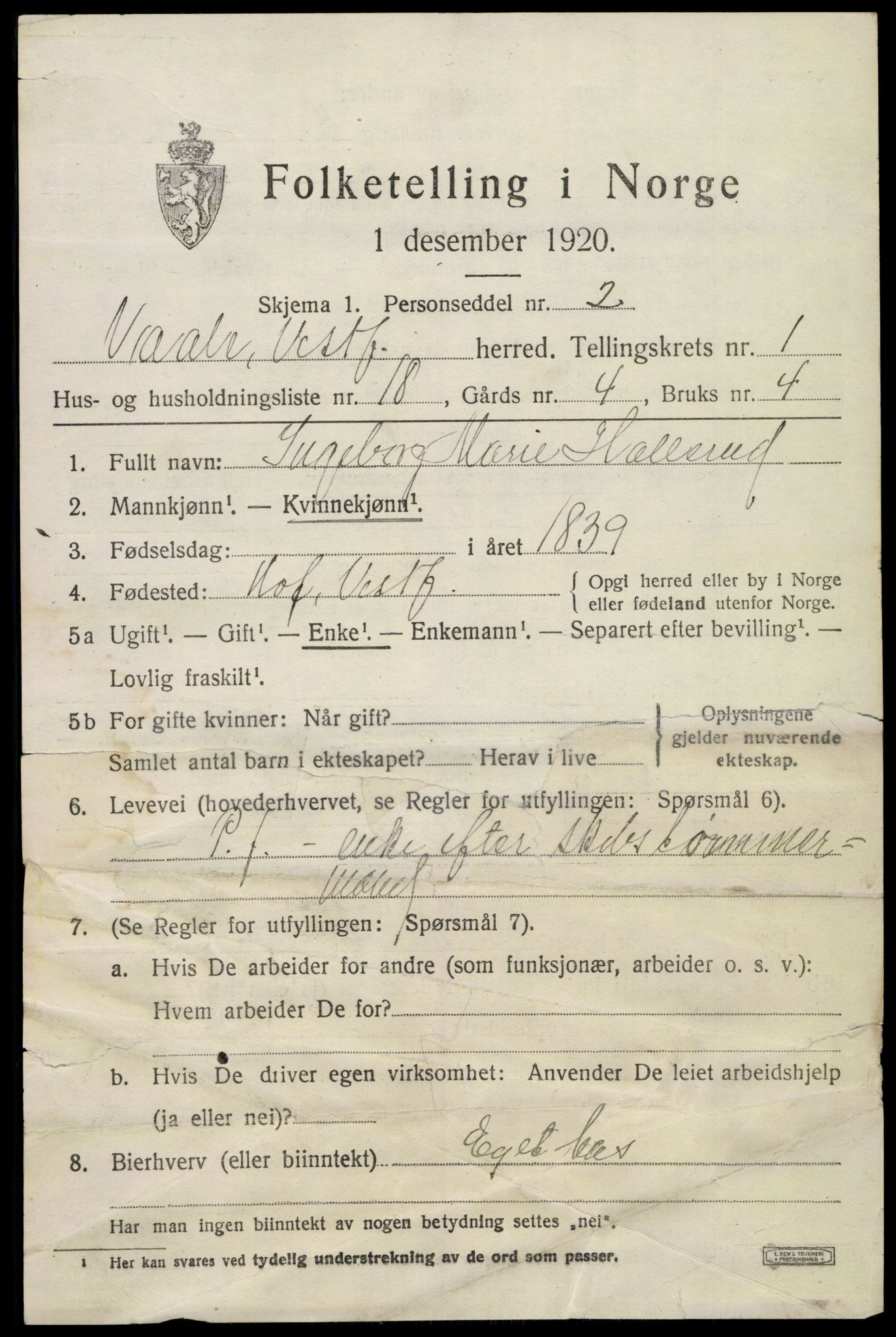 SAKO, 1920 census for Våle, 1920, p. 1276