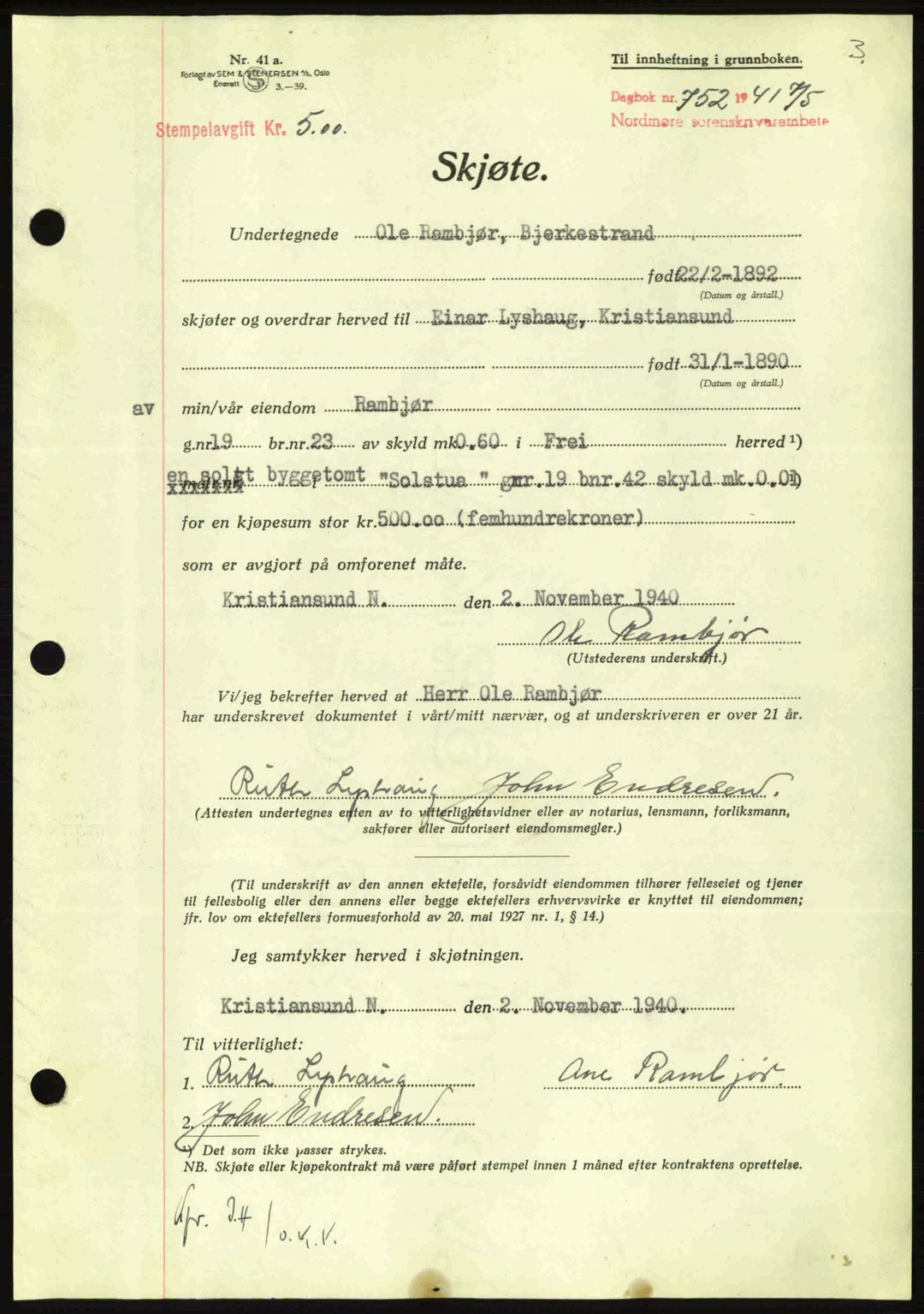 Nordmøre sorenskriveri, SAT/A-4132/1/2/2Ca: Mortgage book no. A90, 1941-1941, Diary no: : 752/1941