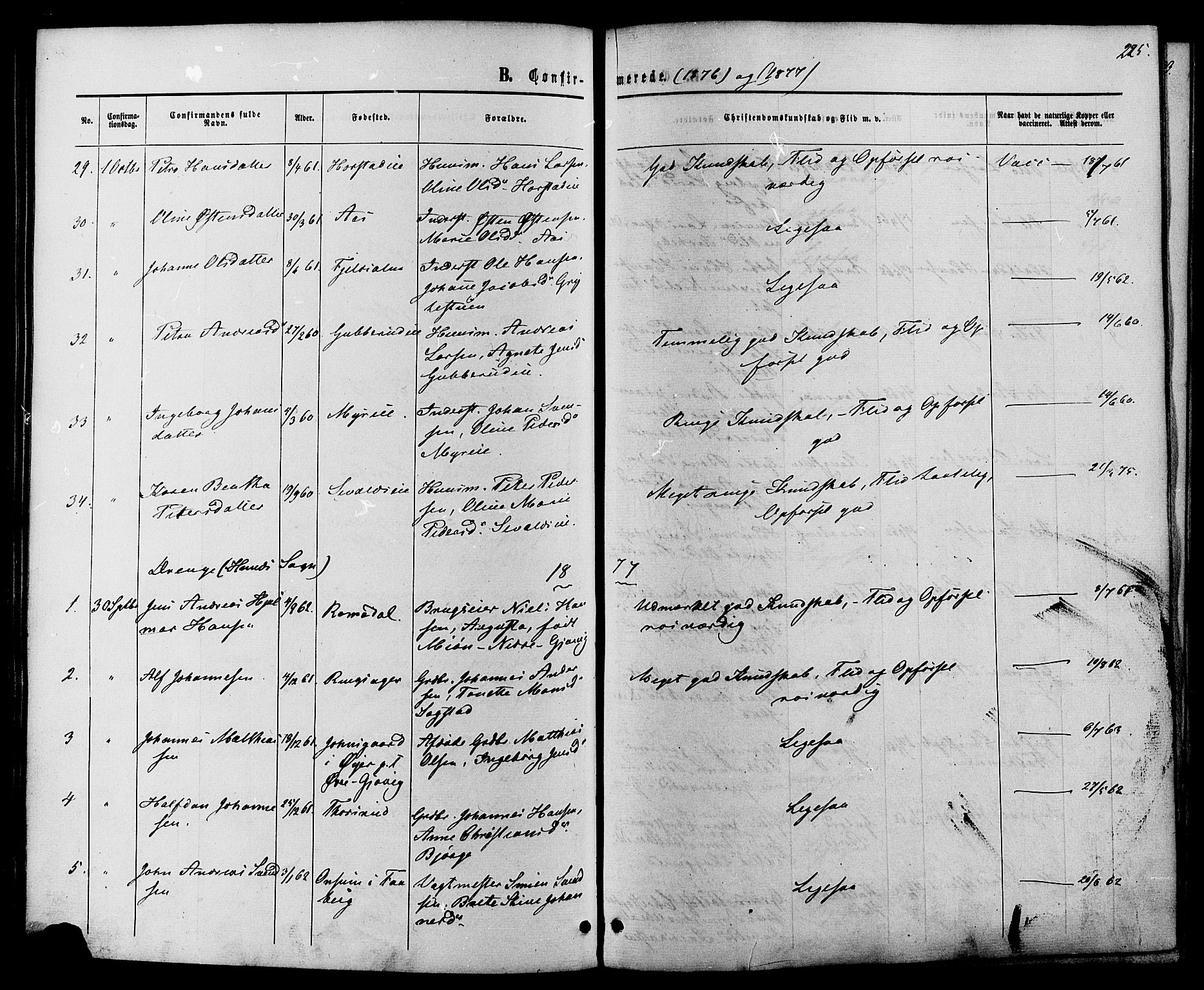 Vardal prestekontor, SAH/PREST-100/H/Ha/Haa/L0007: Parish register (official) no. 7, 1867-1878, p. 225