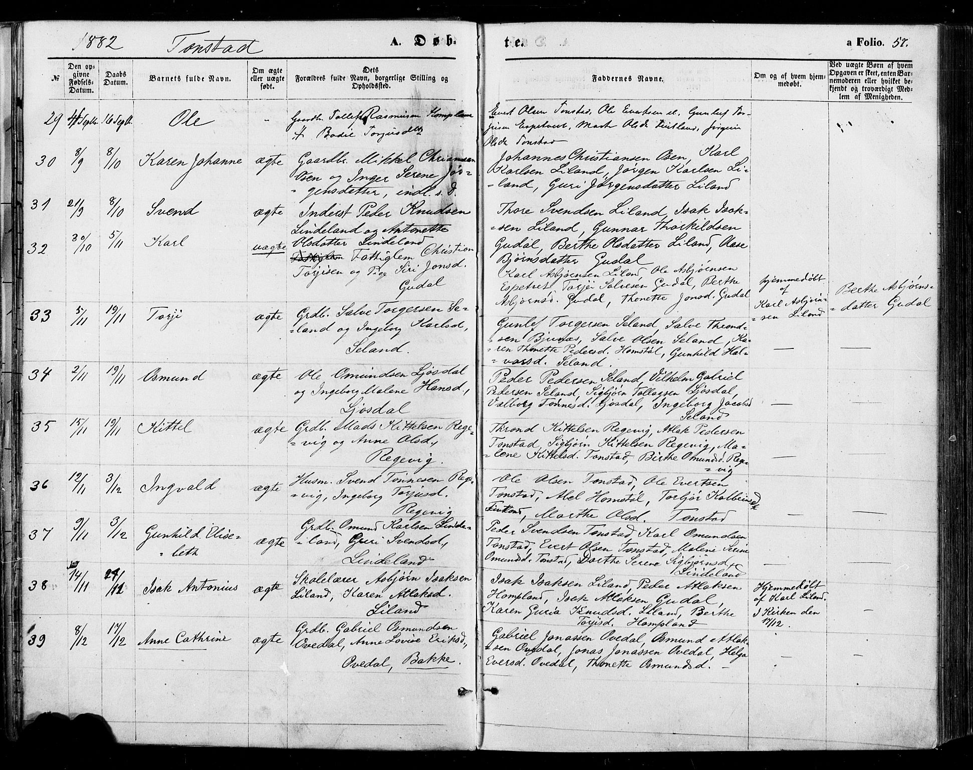 Sirdal sokneprestkontor, SAK/1111-0036/F/Fa/Fab/L0003: Parish register (official) no. A 3, 1874-1886, p. 57