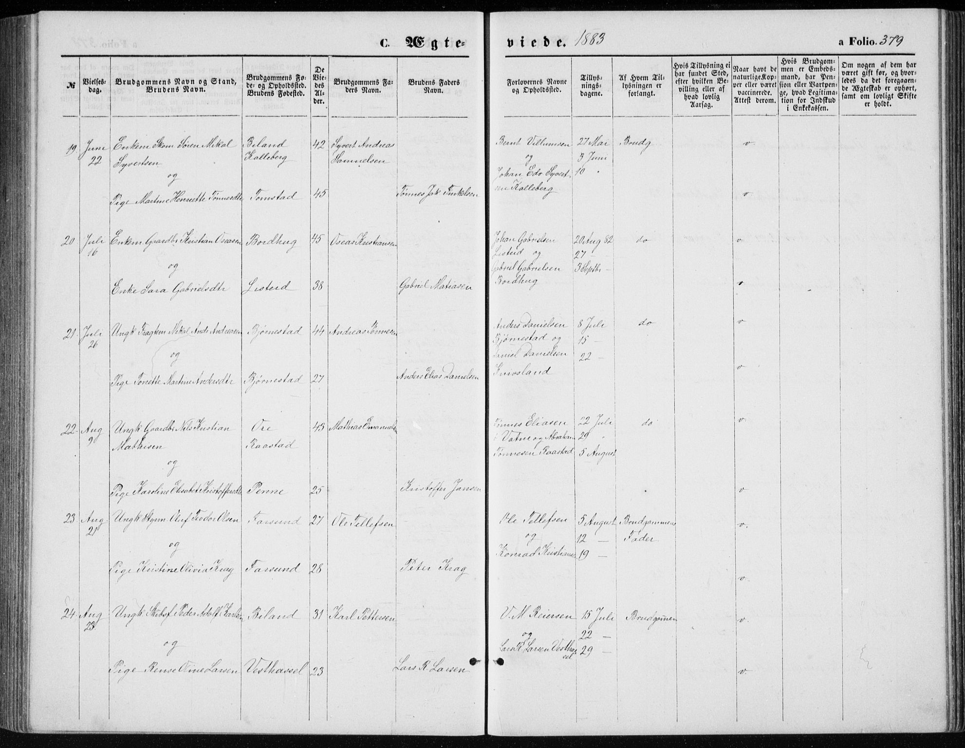 Lista sokneprestkontor, AV/SAK-1111-0027/F/Fb/L0004: Parish register (copy) no. B 4, 1877-1891, p. 379