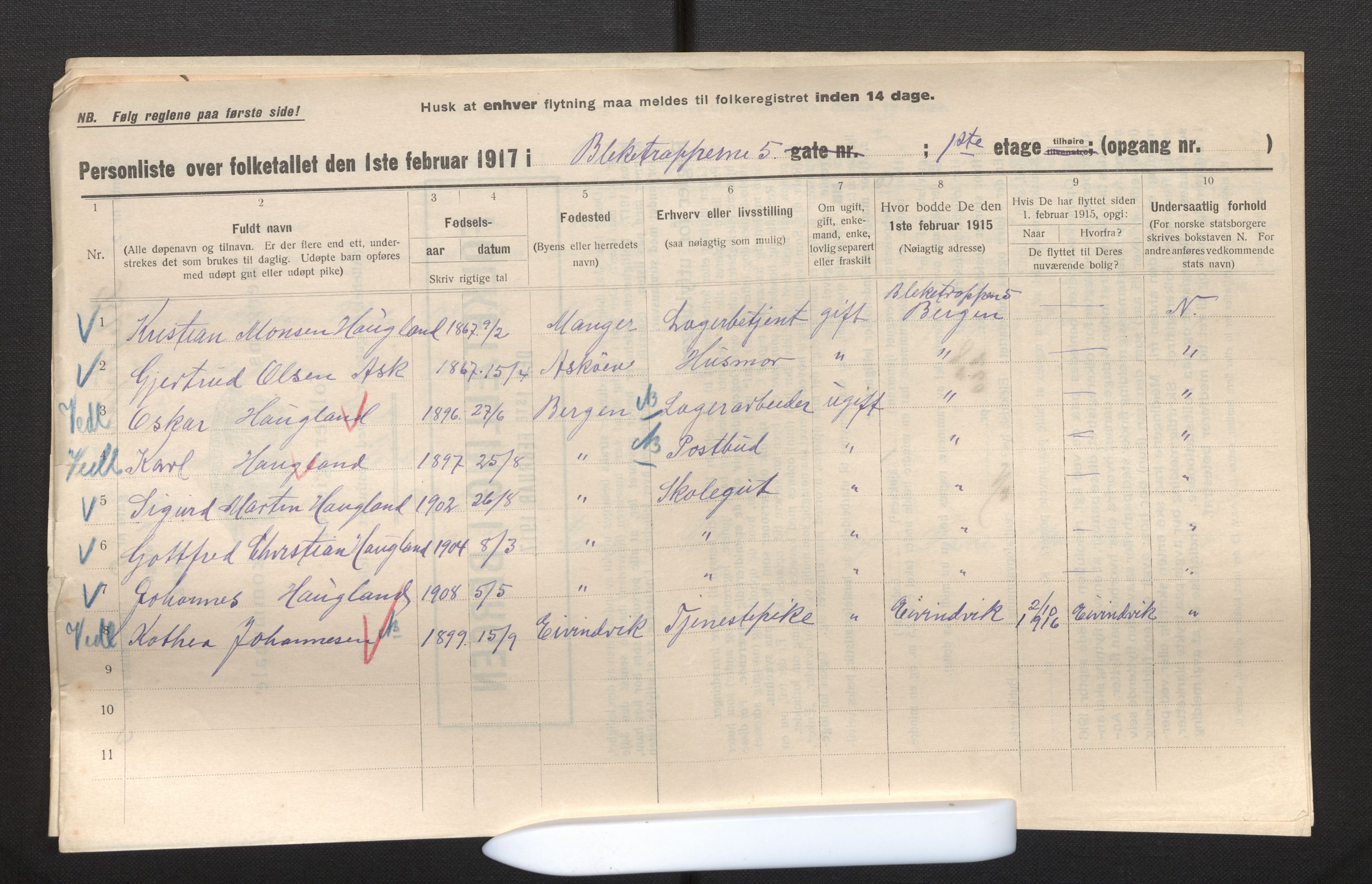 SAB, Municipal Census 1917 for Bergen, 1917, p. 2819