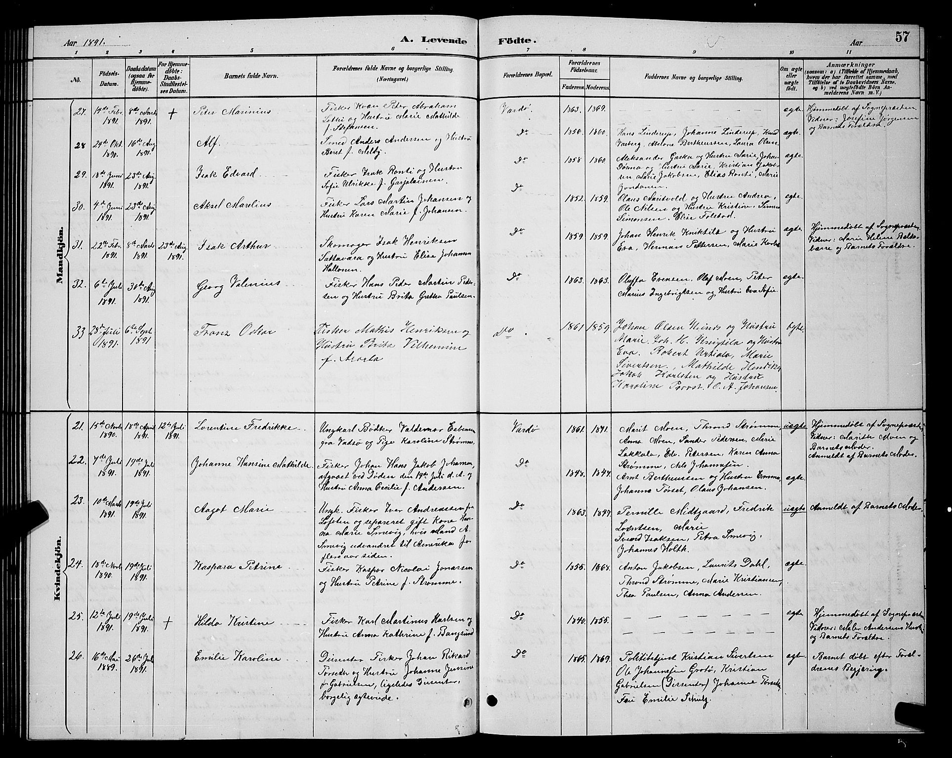 Vardø sokneprestkontor, AV/SATØ-S-1332/H/Hb/L0005klokker: Parish register (copy) no. 5, 1887-1892, p. 57