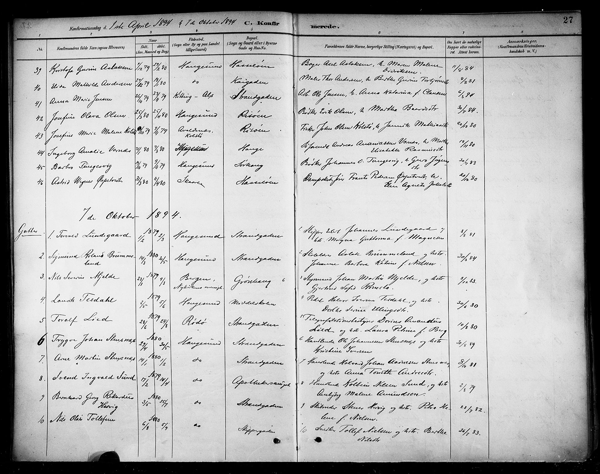 Haugesund sokneprestkontor, AV/SAST-A -101863/H/Ha/Haa/L0005: Parish register (official) no. A 5, 1891-1903, p. 27