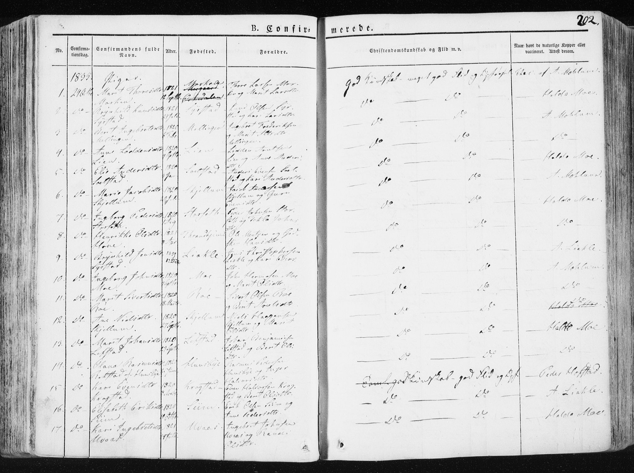 Ministerialprotokoller, klokkerbøker og fødselsregistre - Sør-Trøndelag, AV/SAT-A-1456/665/L0771: Parish register (official) no. 665A06, 1830-1856, p. 202