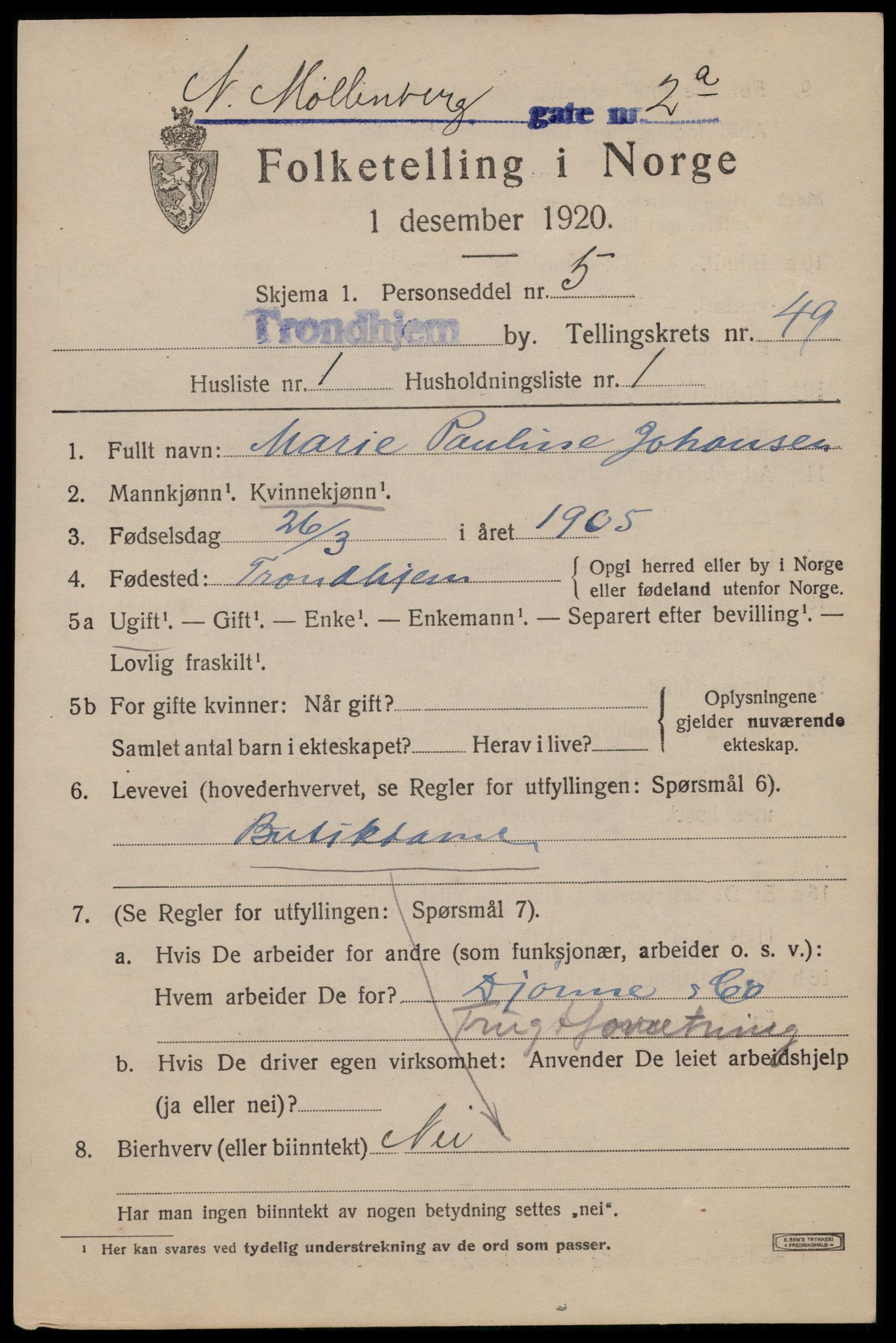 SAT, 1920 census for Trondheim, 1920, p. 102396