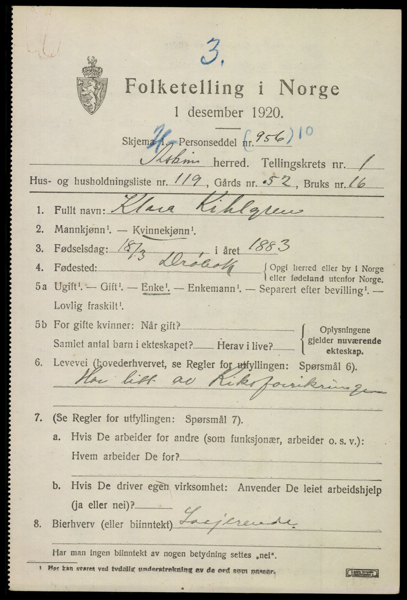 SAO, 1920 census for Askim, 1920, p. 3358