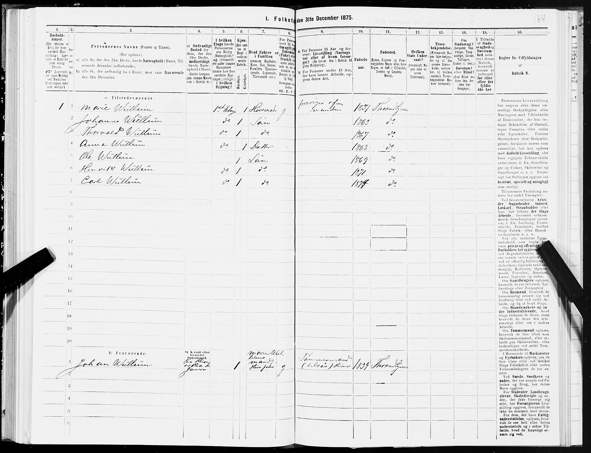 SAT, 1875 census for 1601 Trondheim, 1875, p. 7184