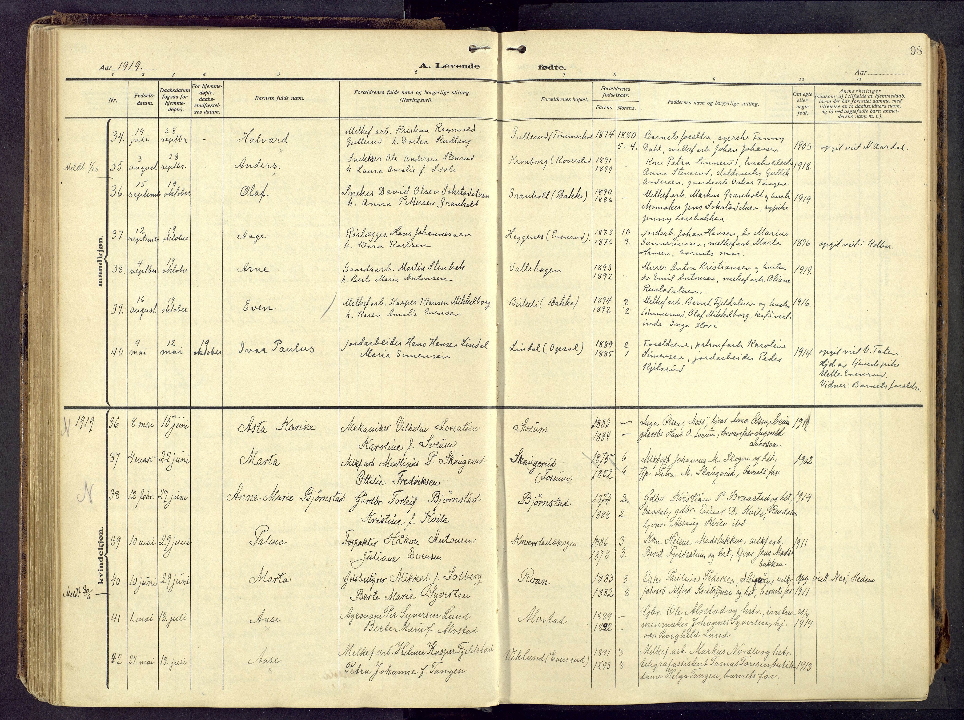 Østre Toten prestekontor, AV/SAH-PREST-104/H/Ha/Haa/L0010: Parish register (official) no. 10, 1910-1920, p. 98