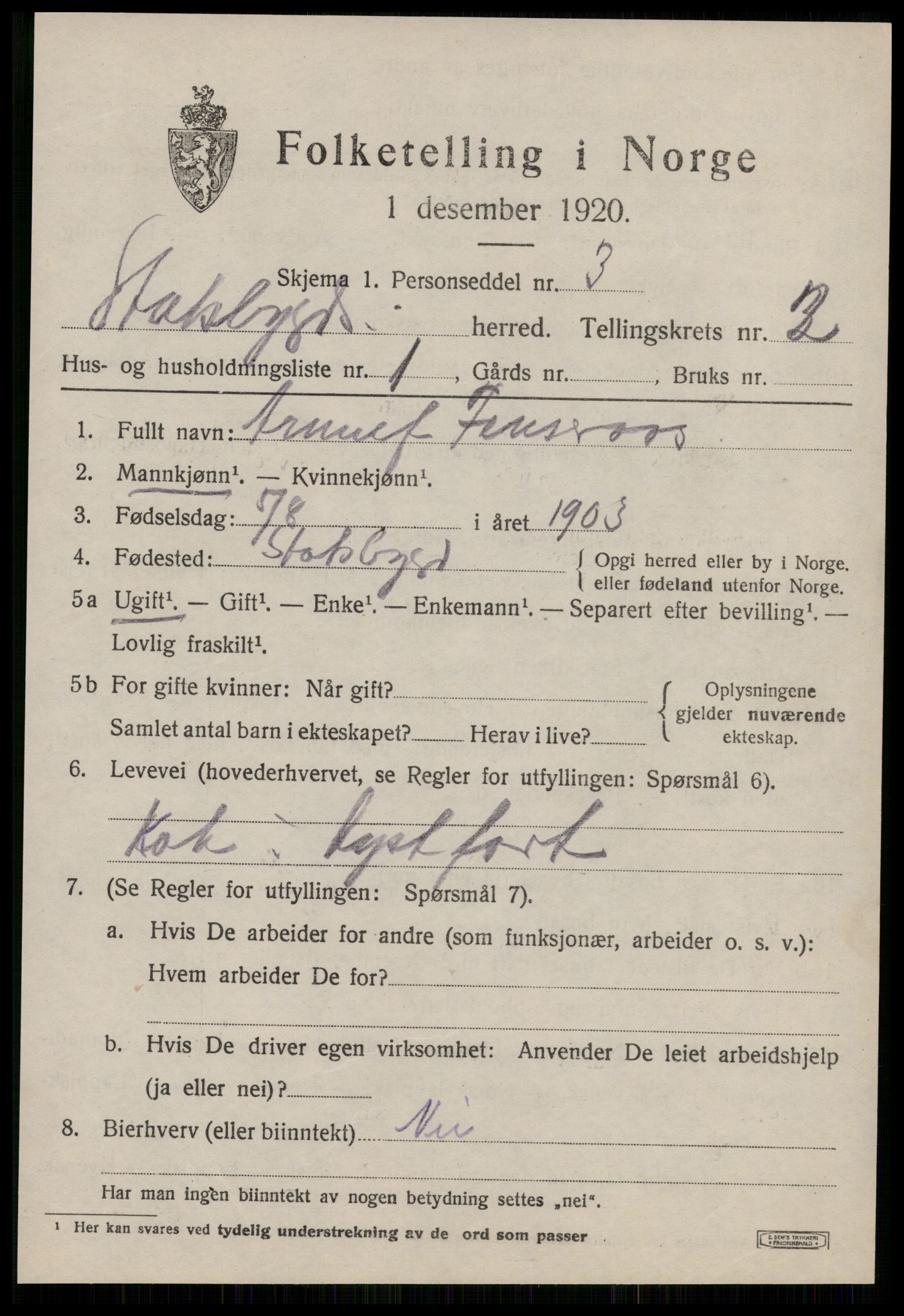 SAT, 1920 census for Stadsbygd, 1920, p. 1244