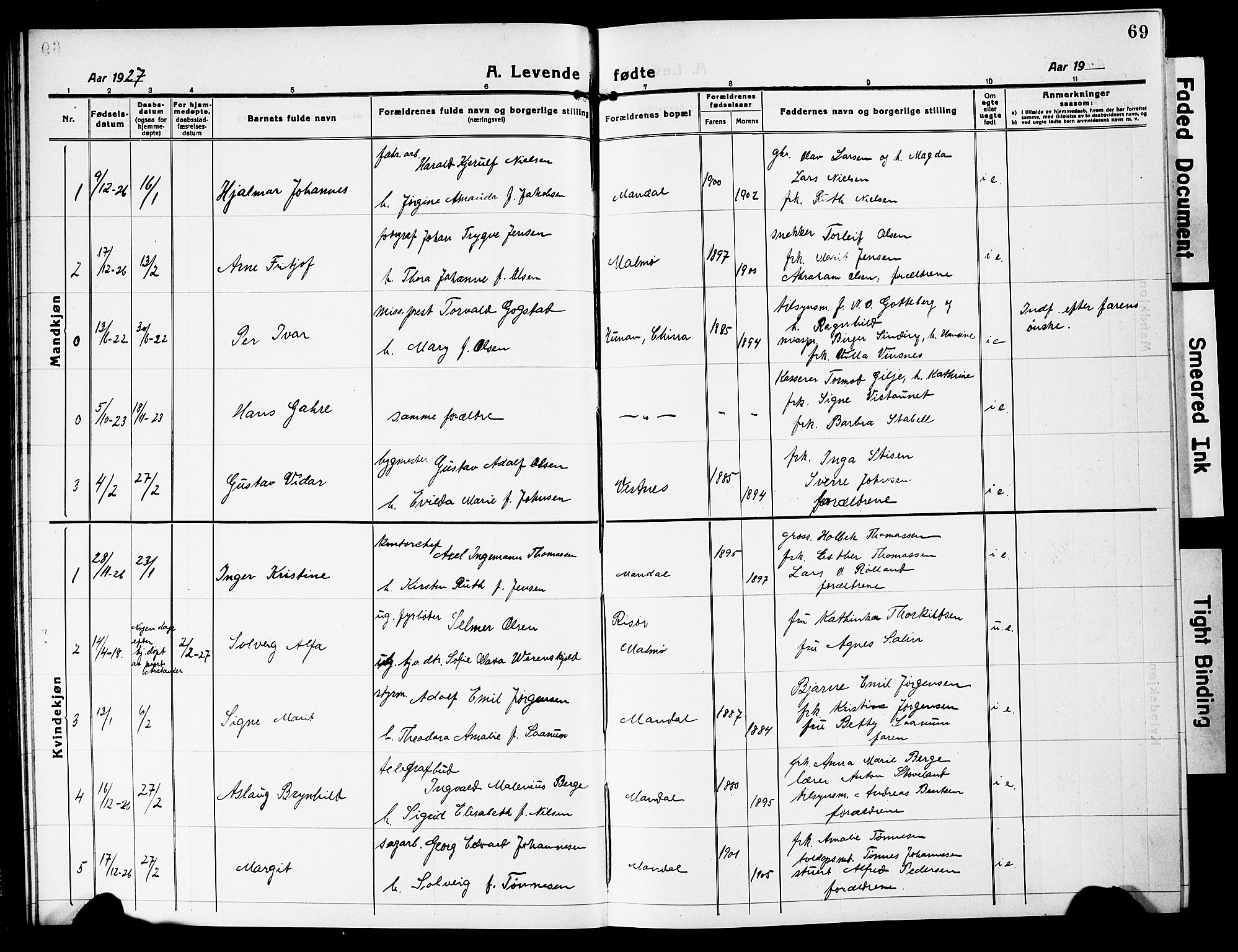 Mandal sokneprestkontor, SAK/1111-0030/F/Fb/Fbc/L0001: Parish register (copy) no. B 1, 1918-1931, p. 69