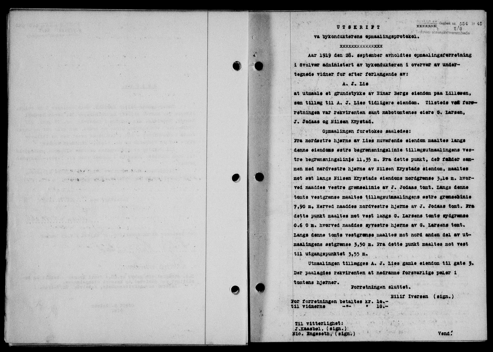Lofoten sorenskriveri, SAT/A-0017/1/2/2C/L0013a: Mortgage book no. 13a, 1944-1946, Diary no: : 654/1945
