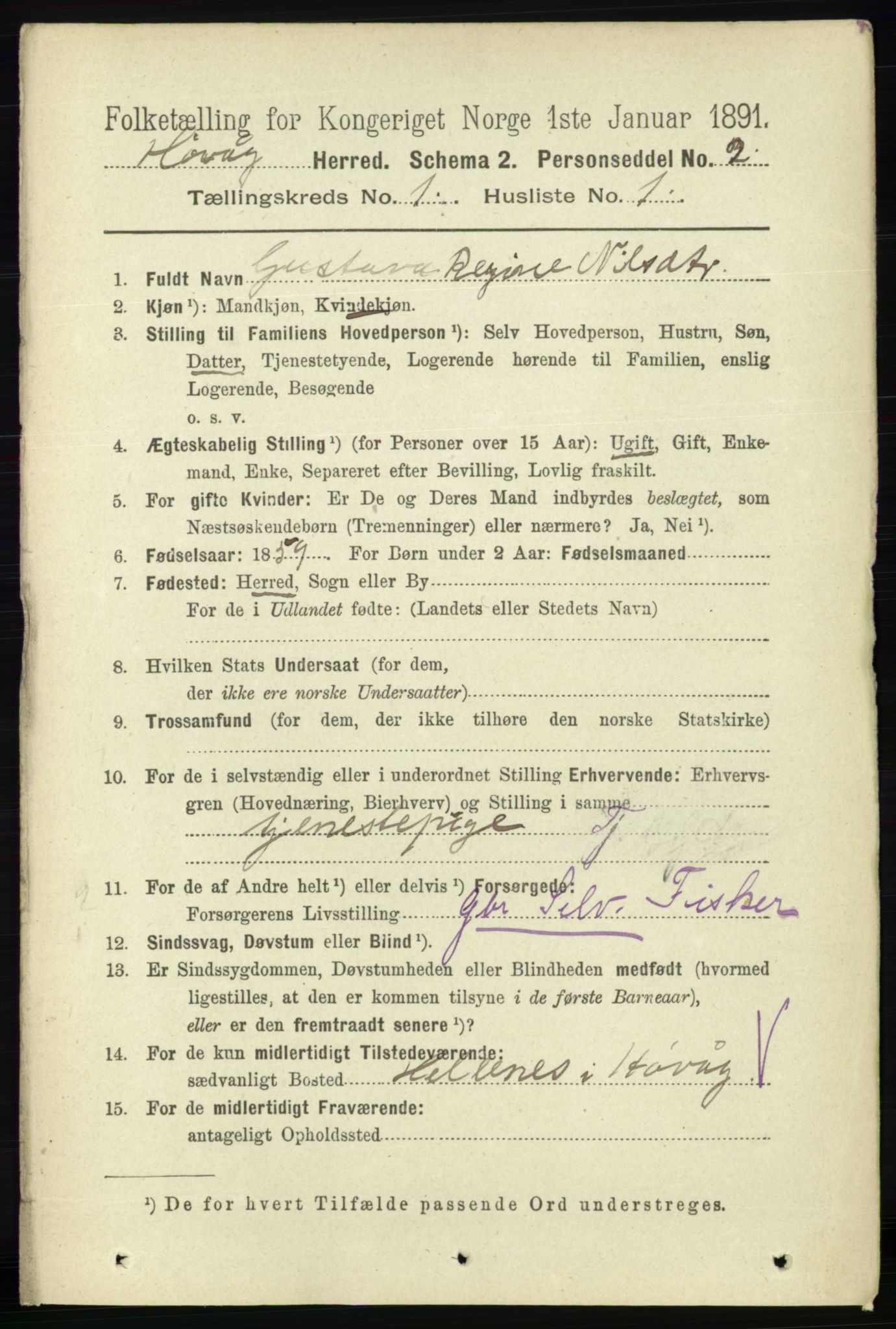 RA, 1891 census for 0927 Høvåg, 1891, p. 92